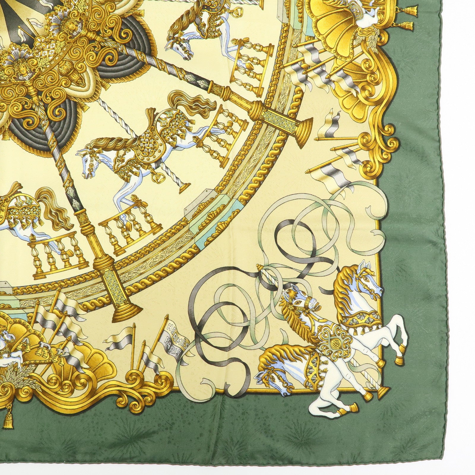 HERMES Carre 90 Silk 100% Scarf LUNA PARK Carousel Print Gold Green