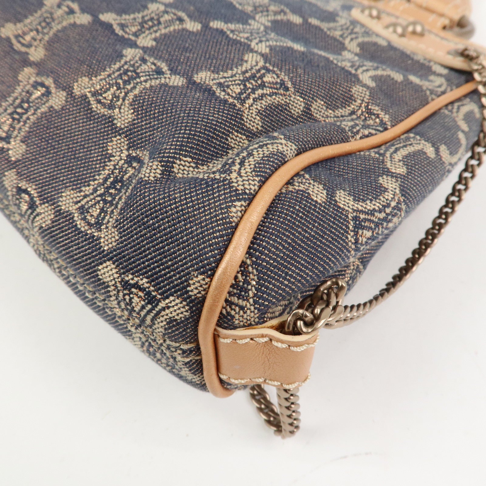 CELINE Macadam Denim Leather Glitter Hand Bag Metallic Pink Navy