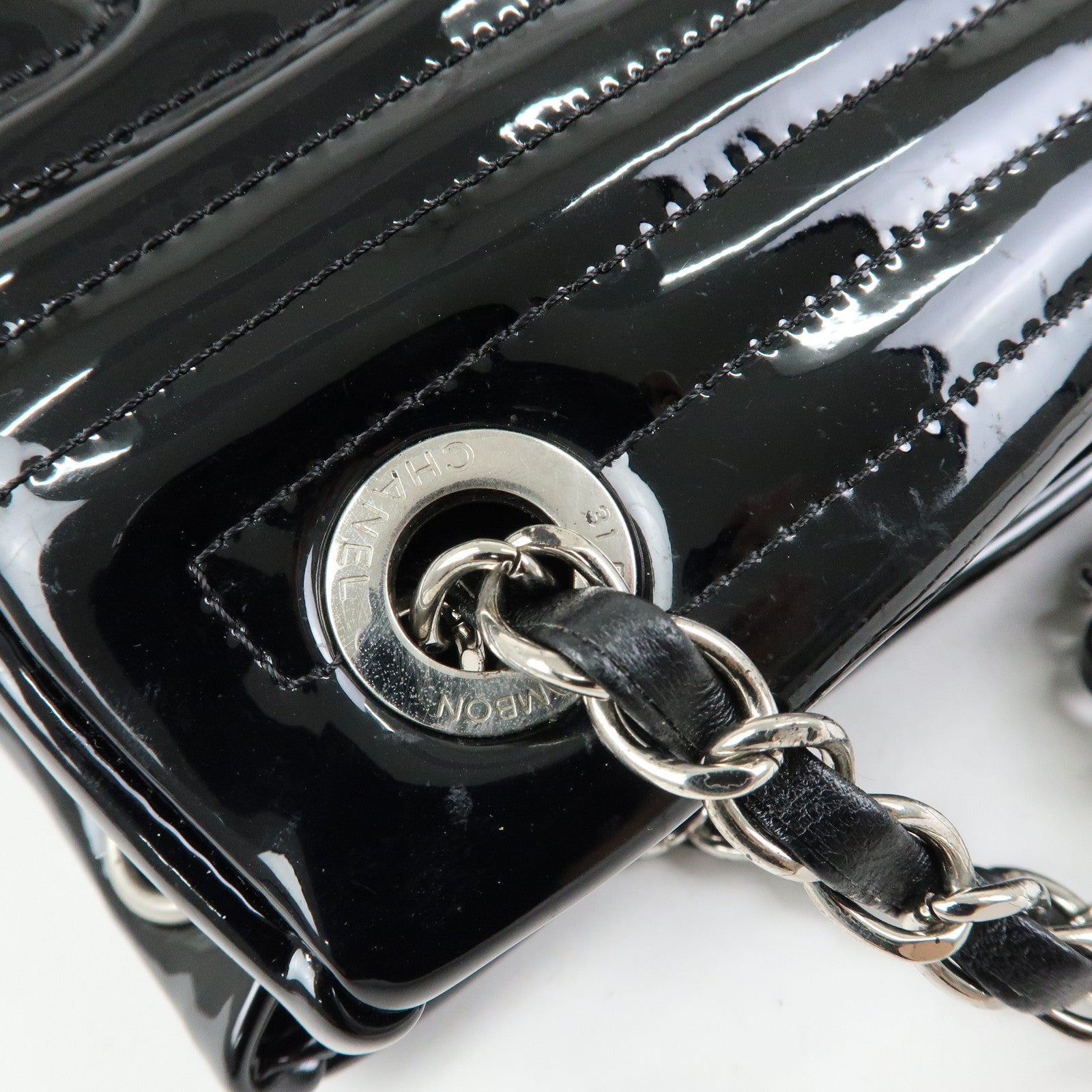 CHANEL COCO Mark Patent Leather Lamb Skin Tote Bag Hand Bag Black