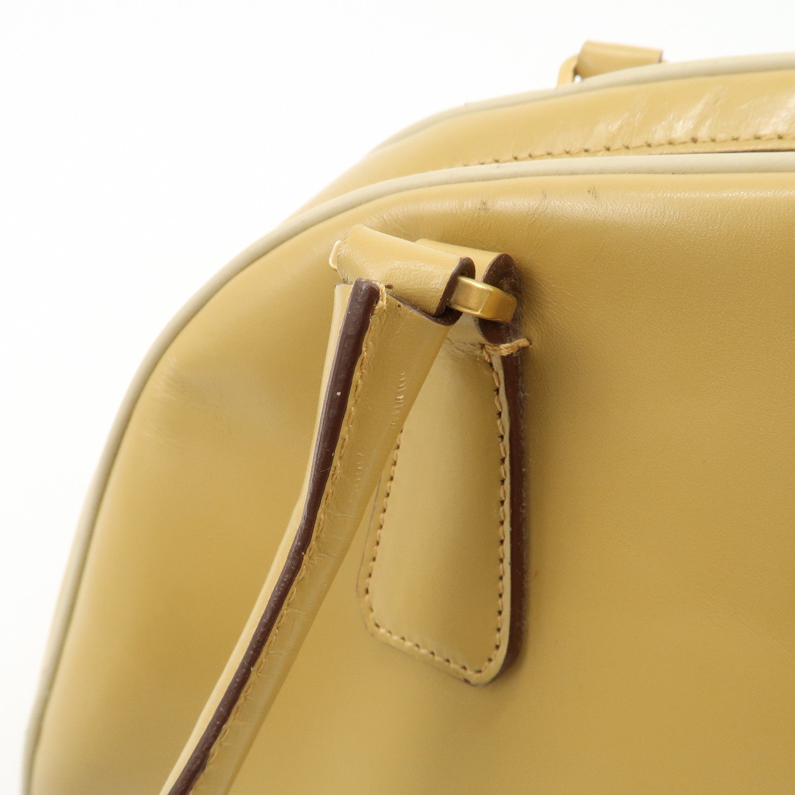 PRADA Leather Bowling Bag Boston Bag Hand Bag Gold HDW Beige