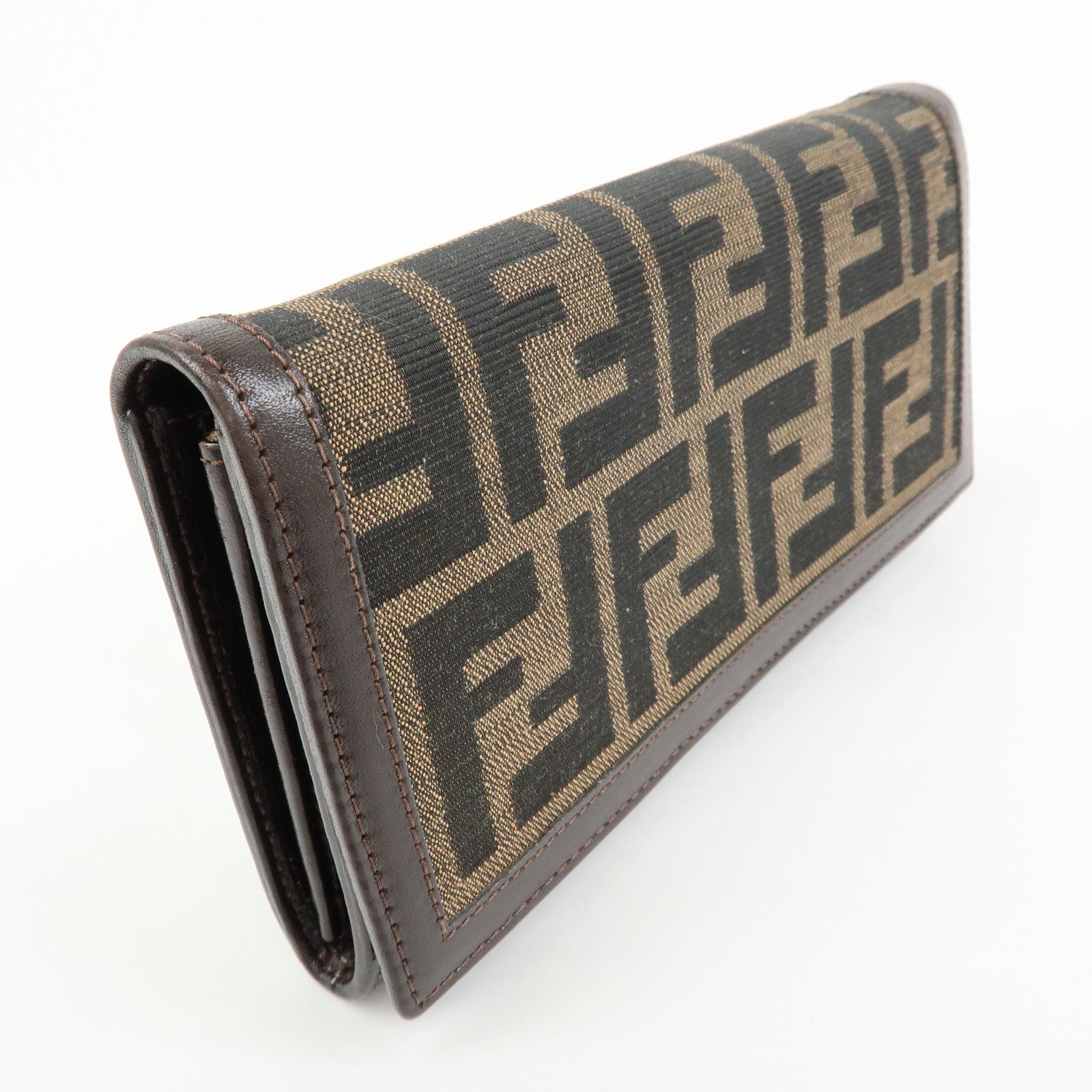 FENDI Zucca Canvas Leather Bi-fold Long Wallet Brown 30851