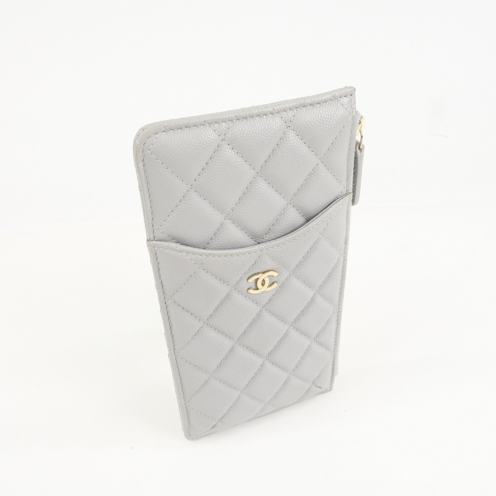 CHANEL Matelasse Caviar Skin Coco Mark Classic Pouch Card Case Gray Used