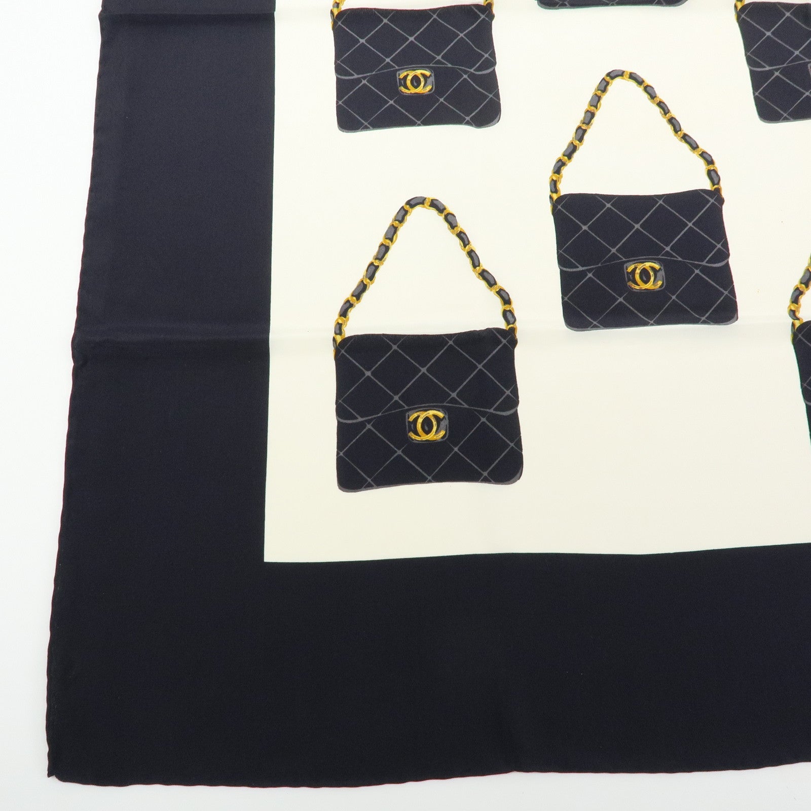 CHANEL Silk 100% Scarf Matelasse Bag Motif 86cm×86cm Black Ivory