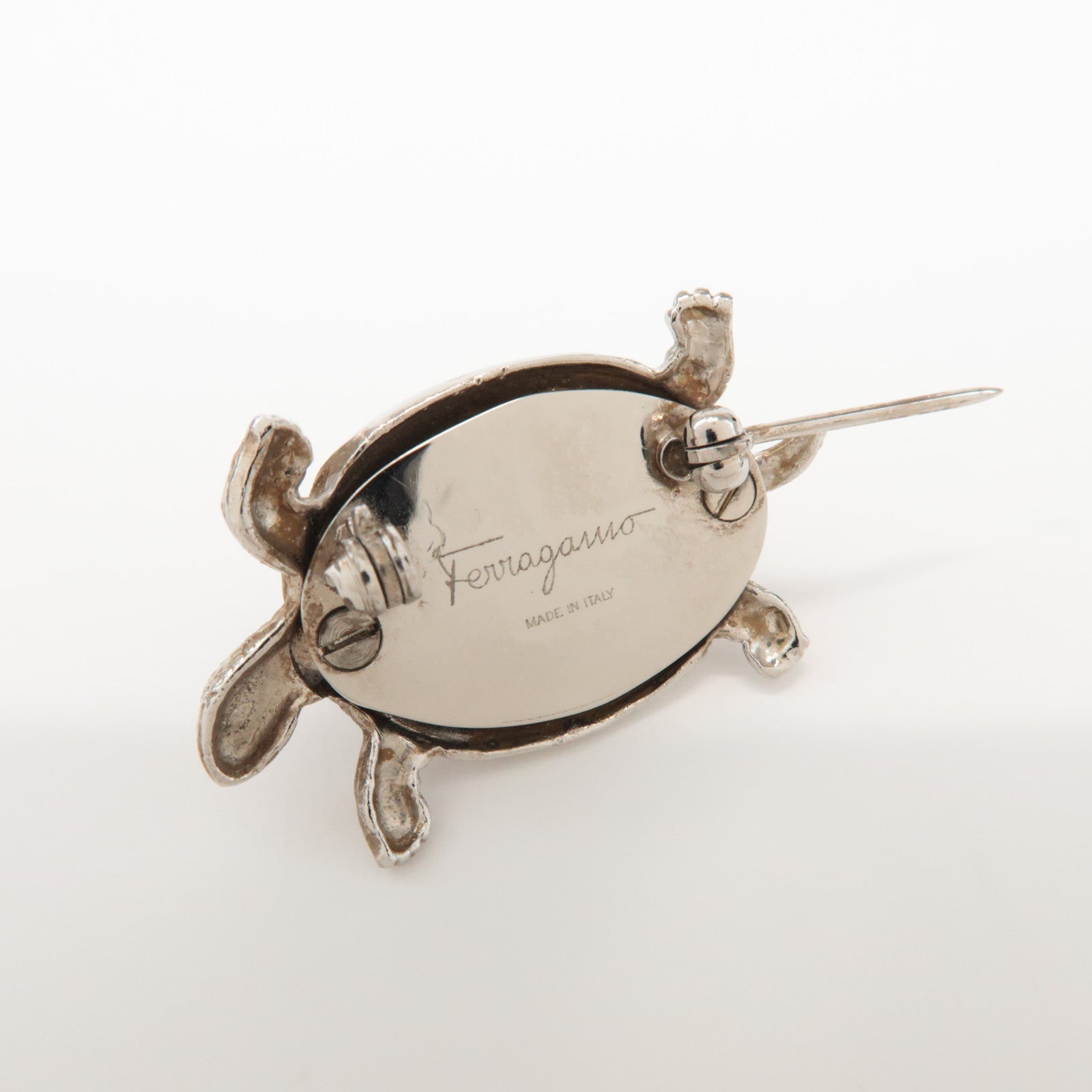 Ferragamo Metal Stone Accessory Turtle Brooch Silver Black
