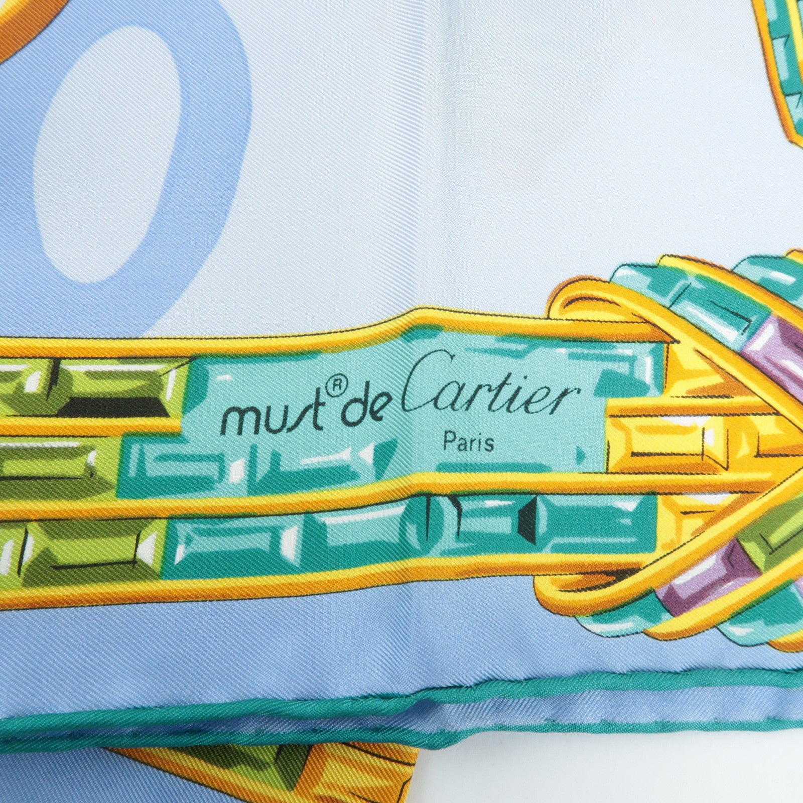 Cartier 100% Silk Scarf Light Blue Multicolor Used