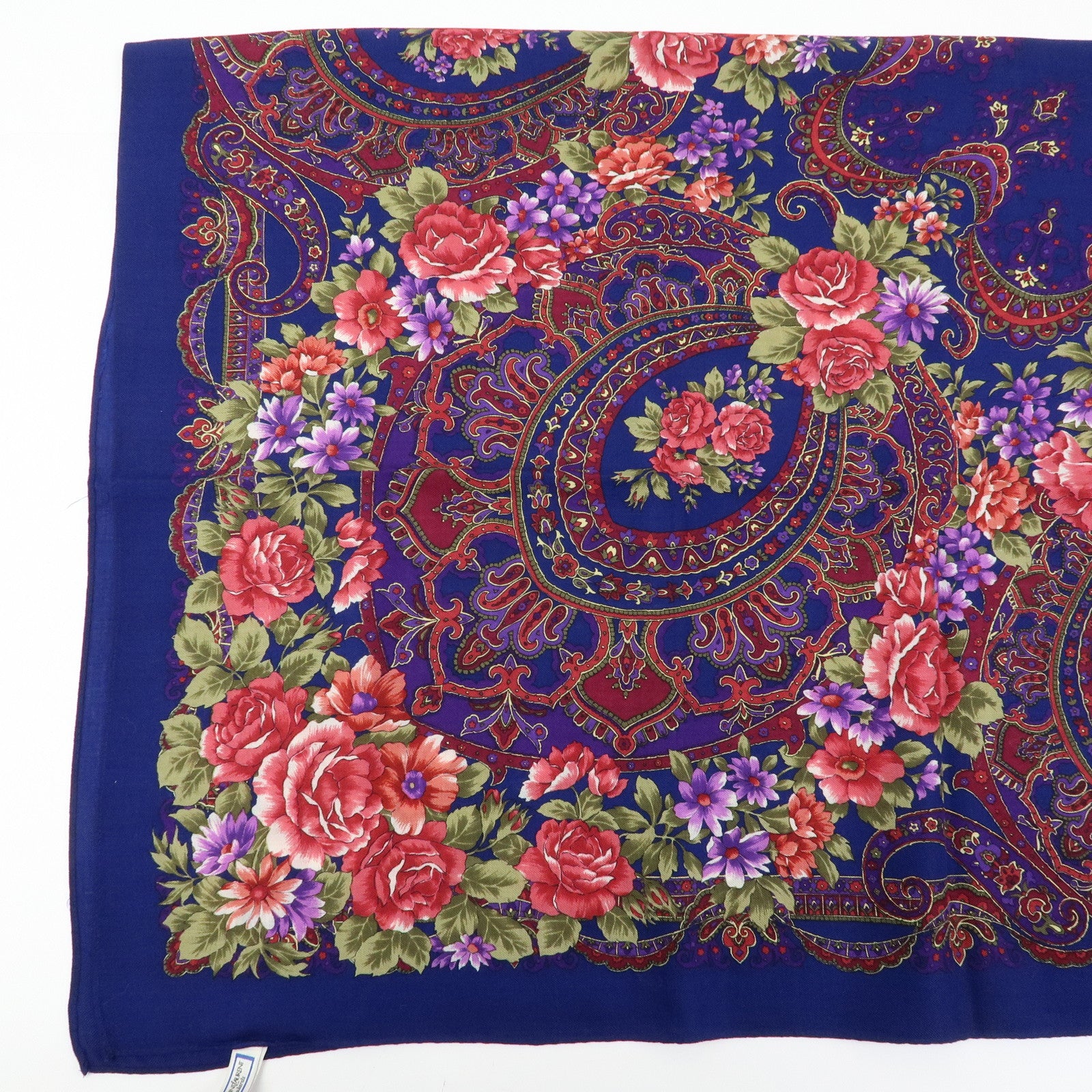 SAINT LAURENT PARIS Cotton Wool Scarf Flower Print Navy Red