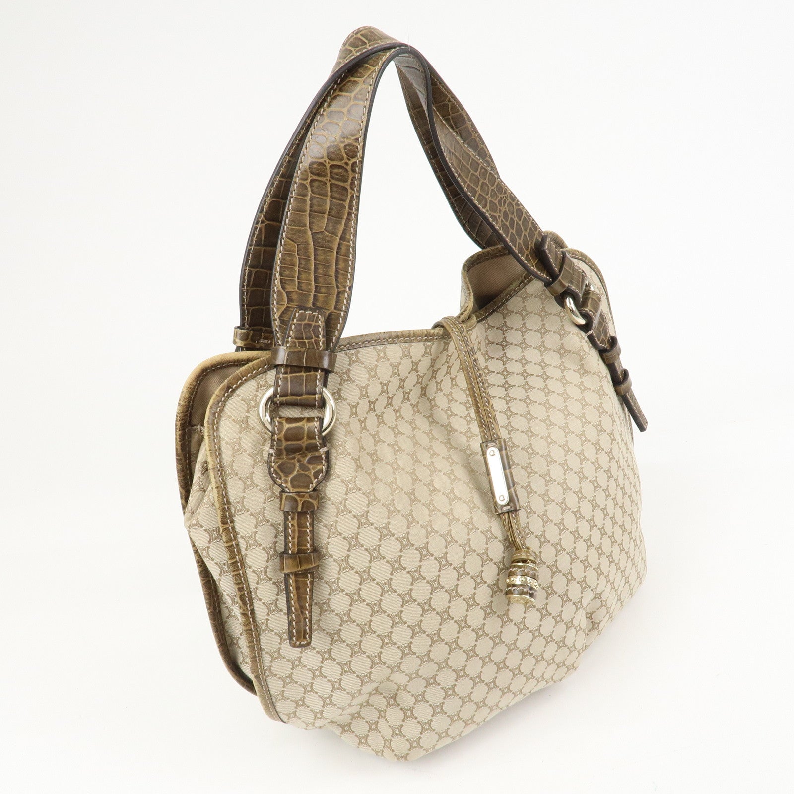 CELINE Macadam Logo Canvas Emboss Leather Shoulder Bag Beige Brown