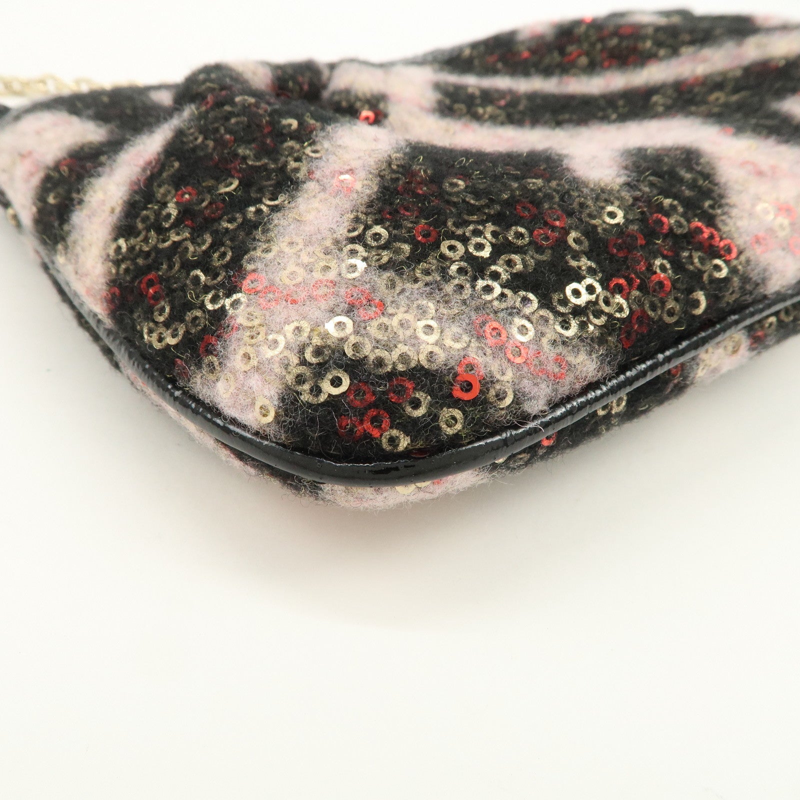 FENDI Wool Flip Sequin Leather Chain Bag Pouch Black Pink 8BR594