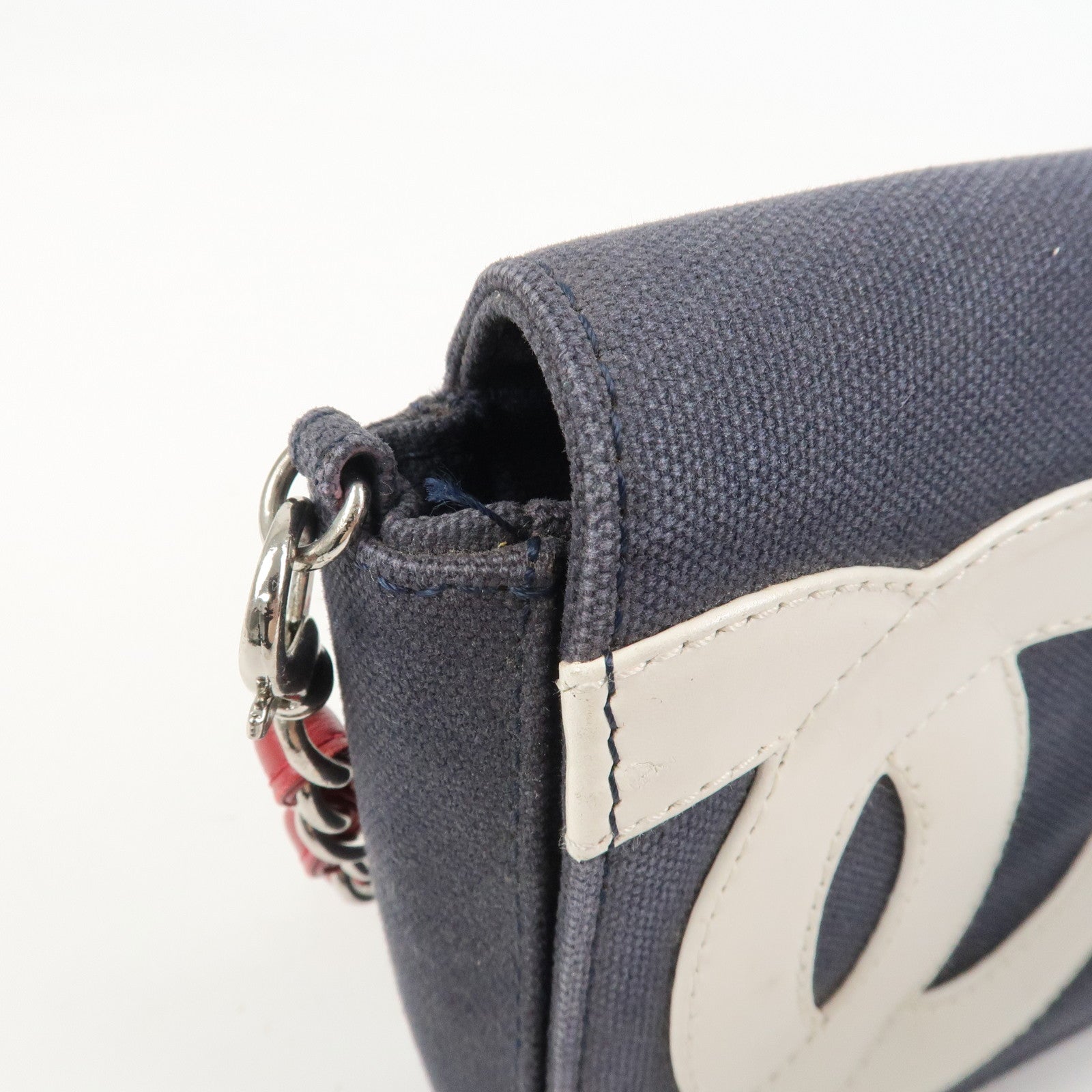 CHANEL No.5 Canvas Leather Chain Shoulder Bag Hand Bag Navy Silver