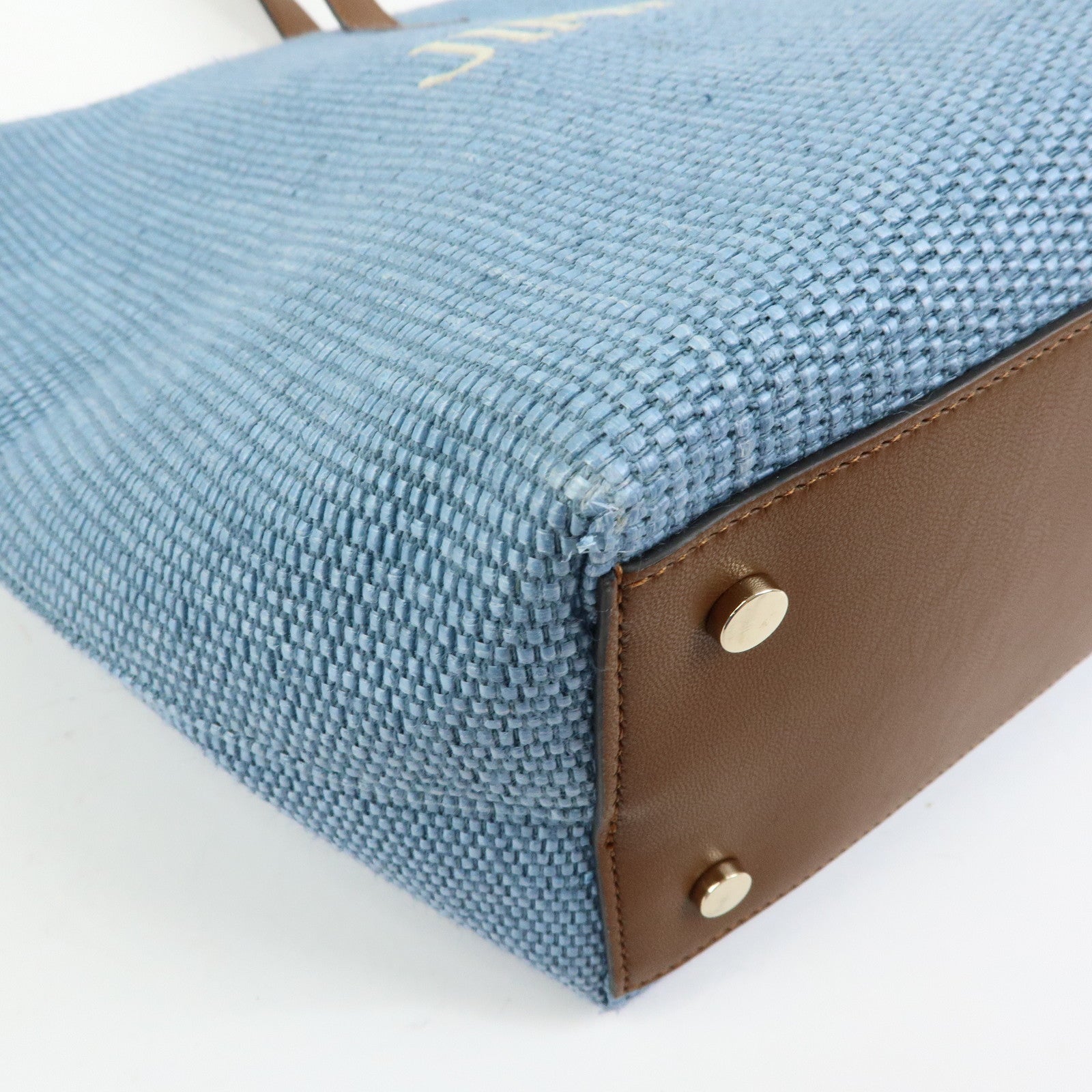 JIMMY CHOO Raffia Leather Tote Bag Shoulder Bag Blue Brown