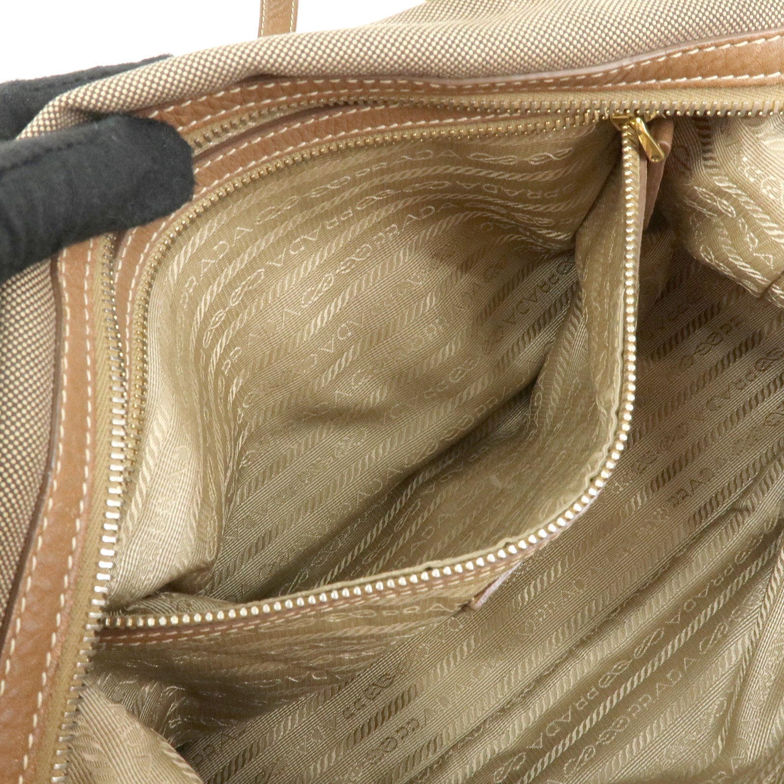 PRADA Logo Canvas Leather Boston Bag Hand Bag Beige Brown BL0600