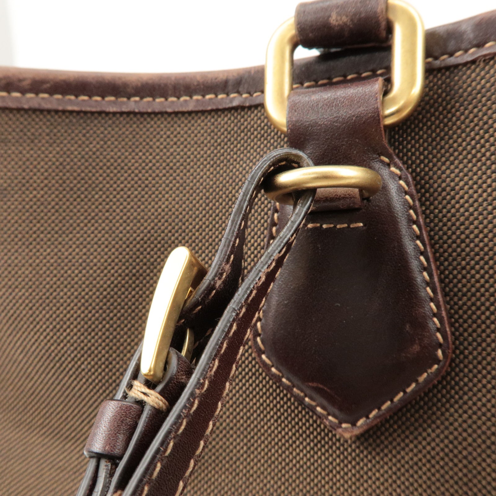 PRADA Triangle Logo Jacquard Leather 2Way Bag Tote Bag Brown Used