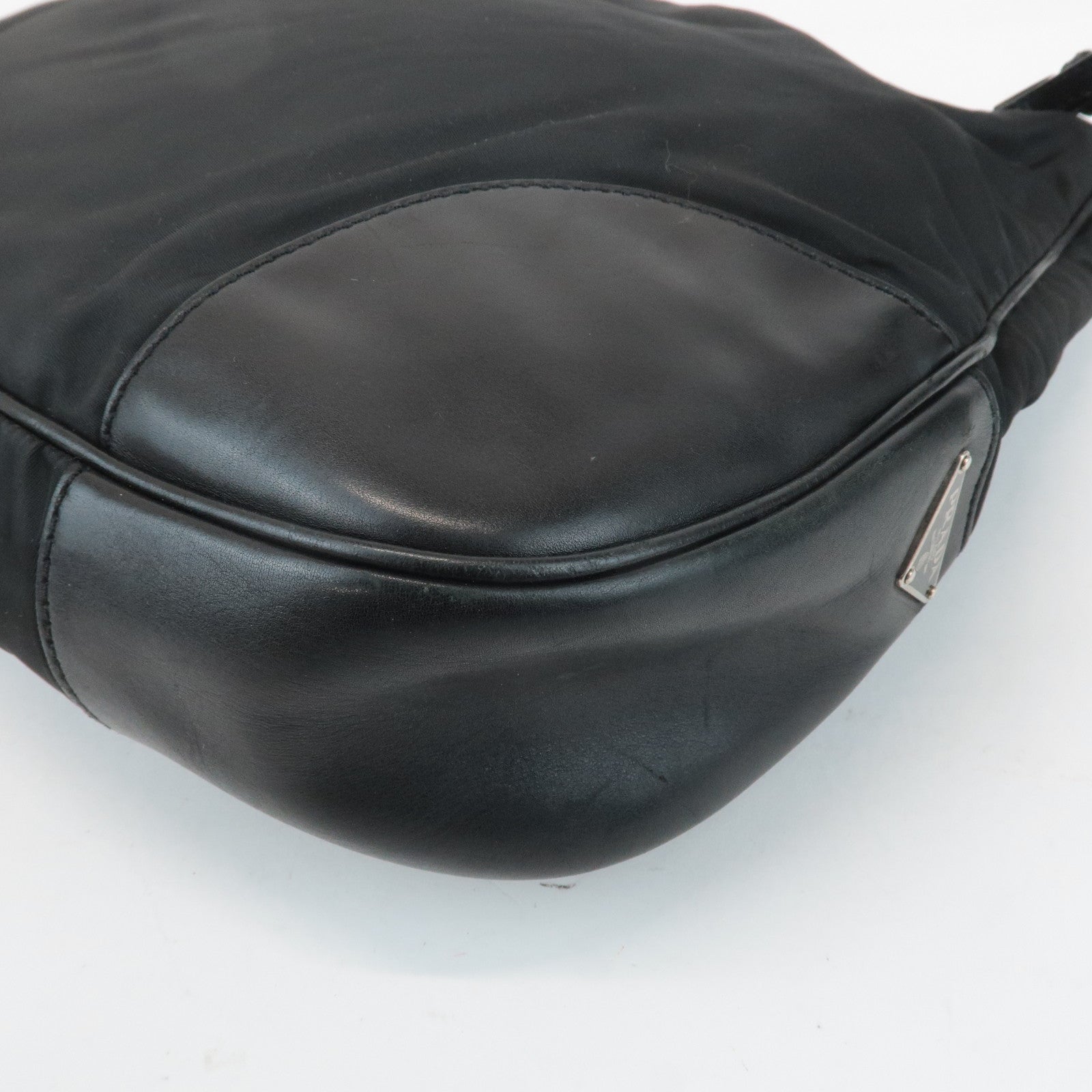 PRADA Triangle Logo Leather Nylon Shoulder Bag Black