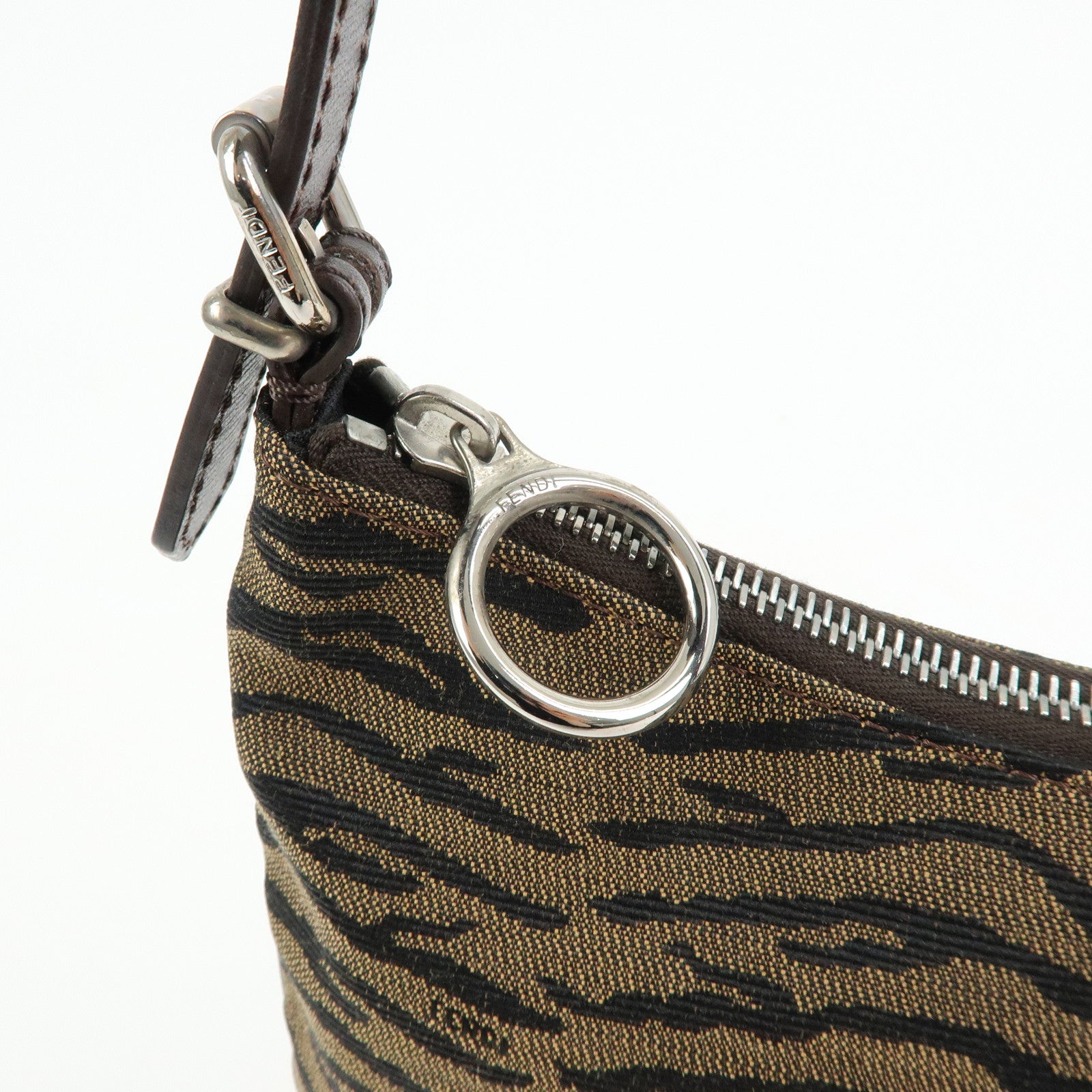 FENDI Canvas Leather Shoulder Bag Leopard Brown Black 8BR248