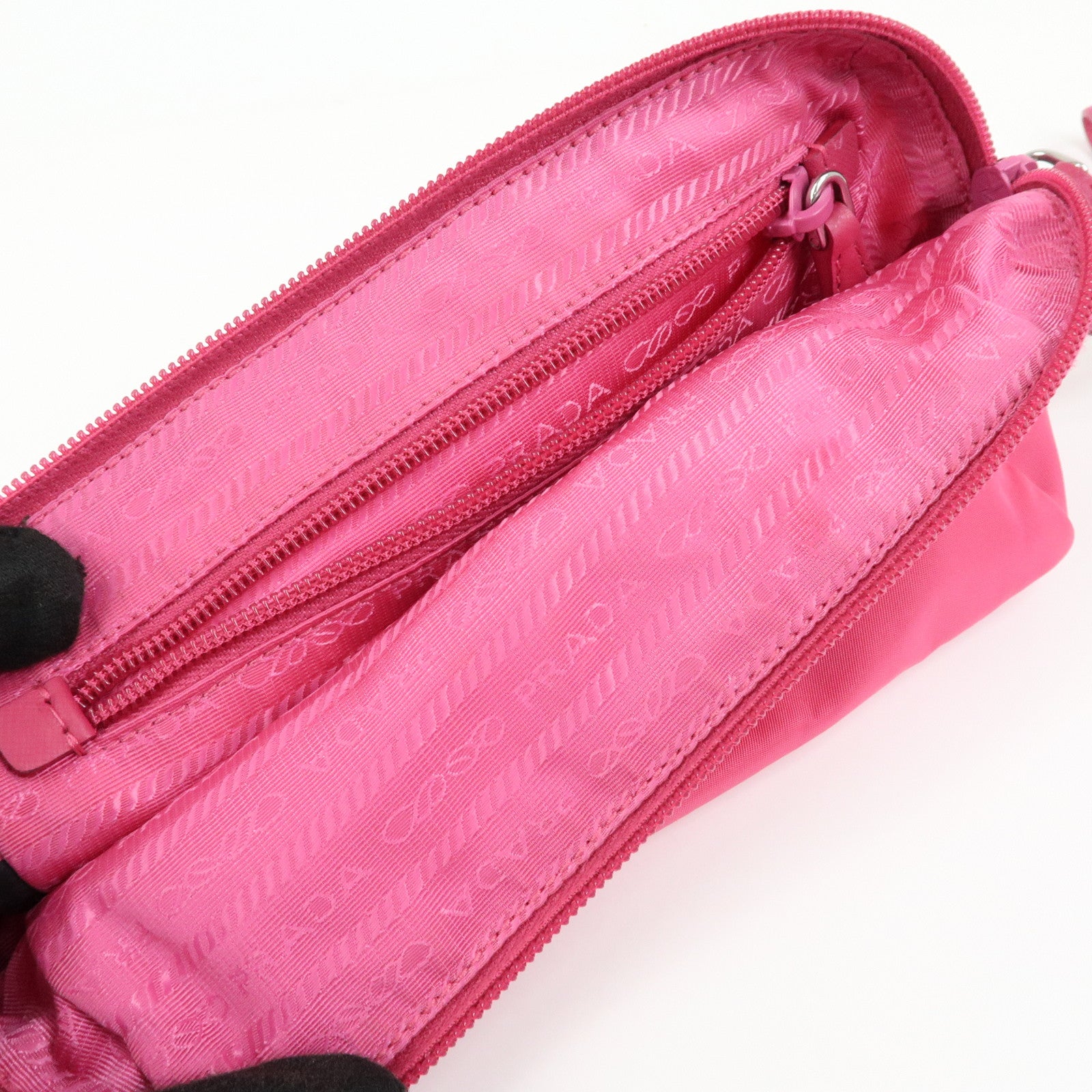 PRADA Triangle Logo Nylon Leather Cosmetic Wristlet Pouch Pink
