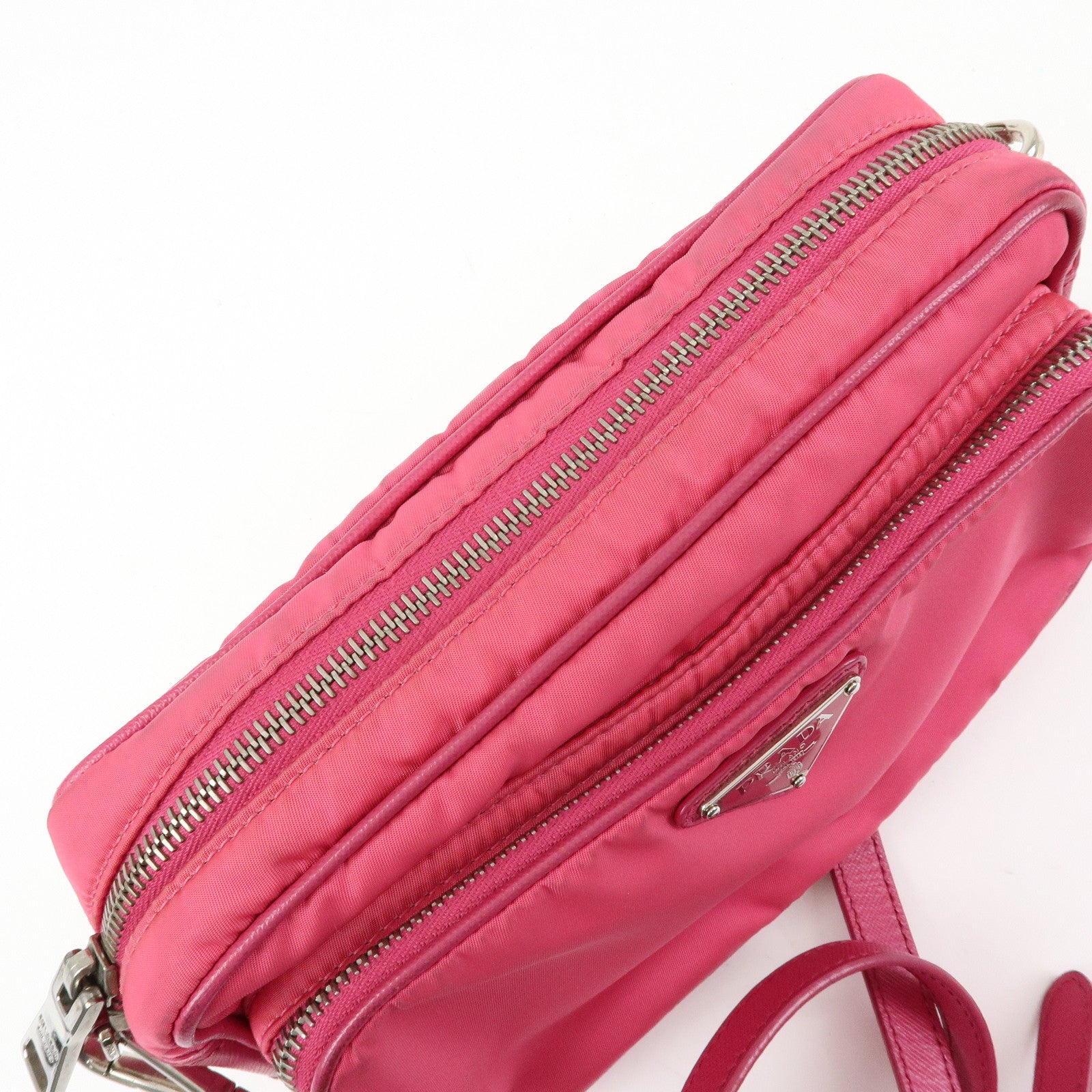PRADA Triangle Logo Nylon Leather Shoulder Bag Pink BT1010