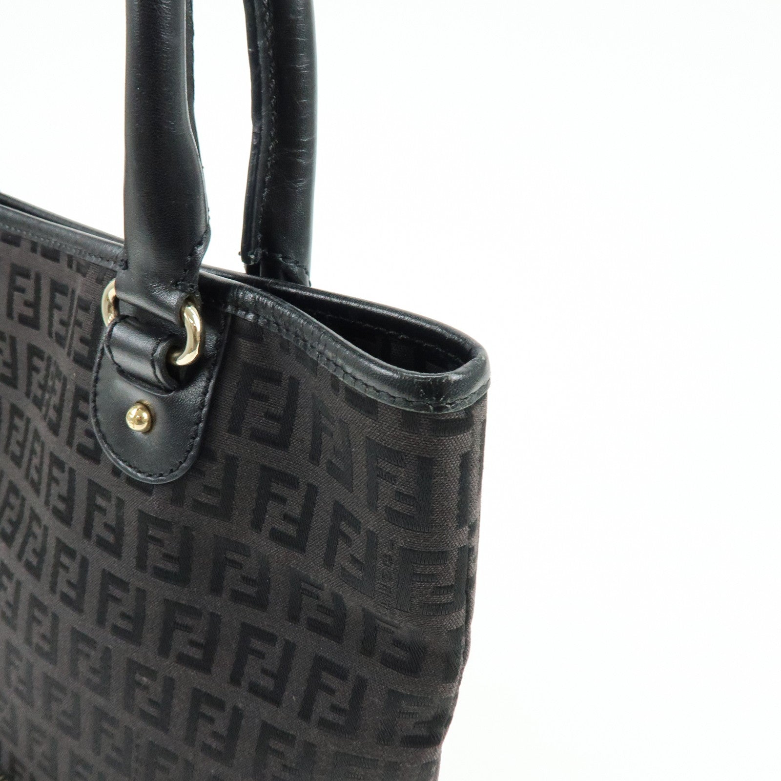 Fendi Zucchino Canvas Leather Hand Bag Tote Bag Black Brown 8BH139