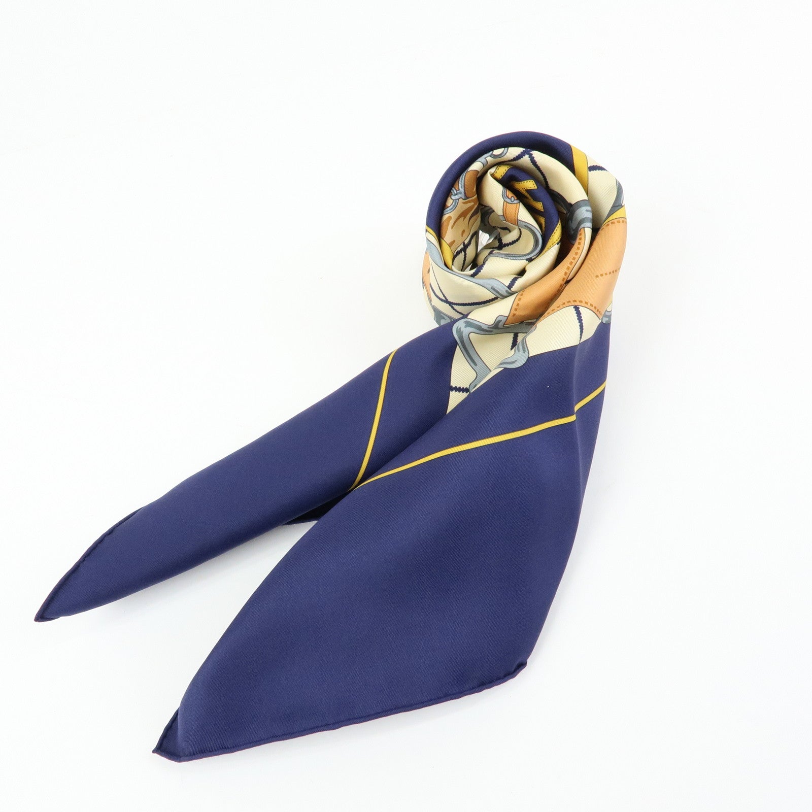 HERMES Carre 70 Silk 100% Scarf Tattersalles Navy Beige