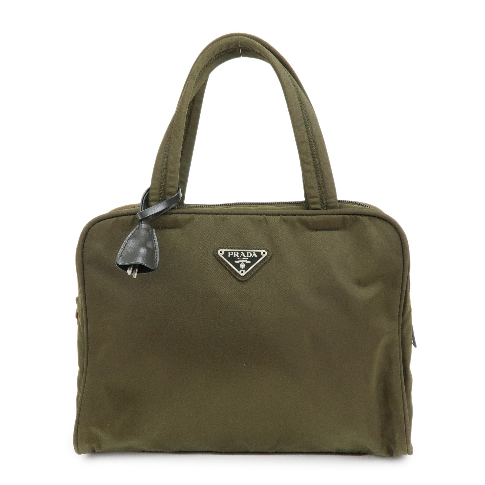 PRADA Triangle Logo Nylon Leather Hand Bag Boston Bag Khaki