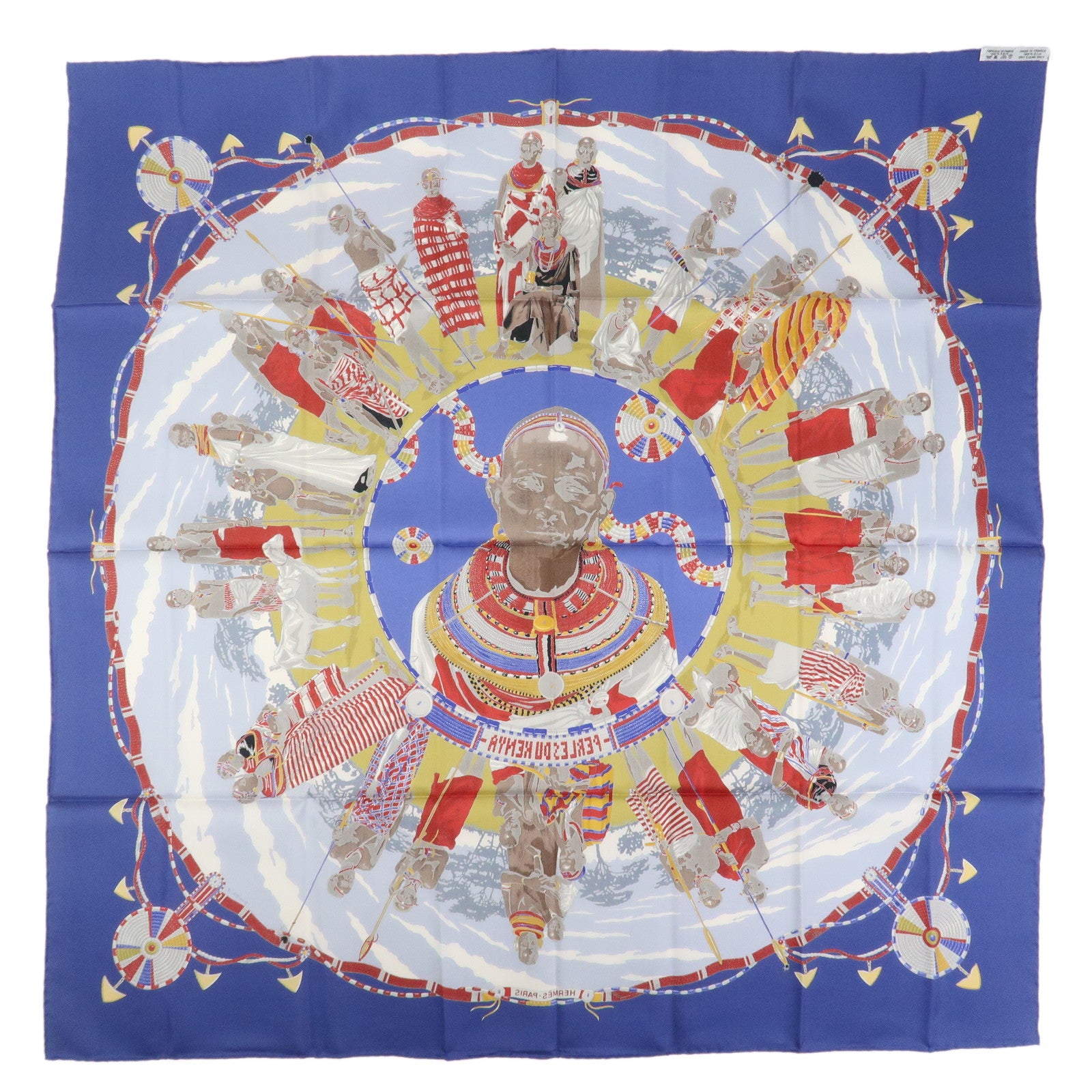 HERMES Carre 90 Silk 100% Scarf PERLES DU KENYA Blue Multicolor
