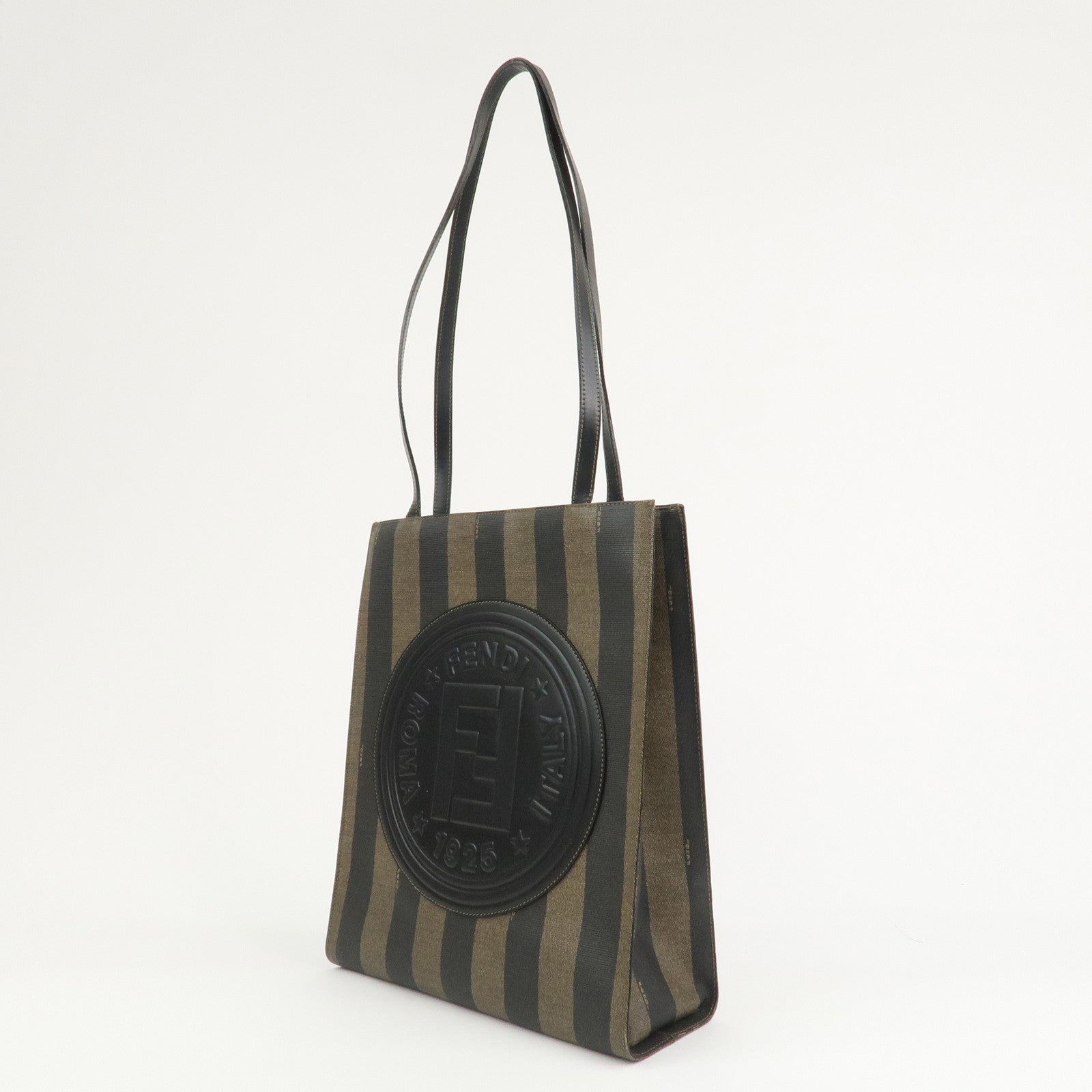 FENDI Pequin PVC Coating Canvas Leather Tote Bag Brown Black 259980