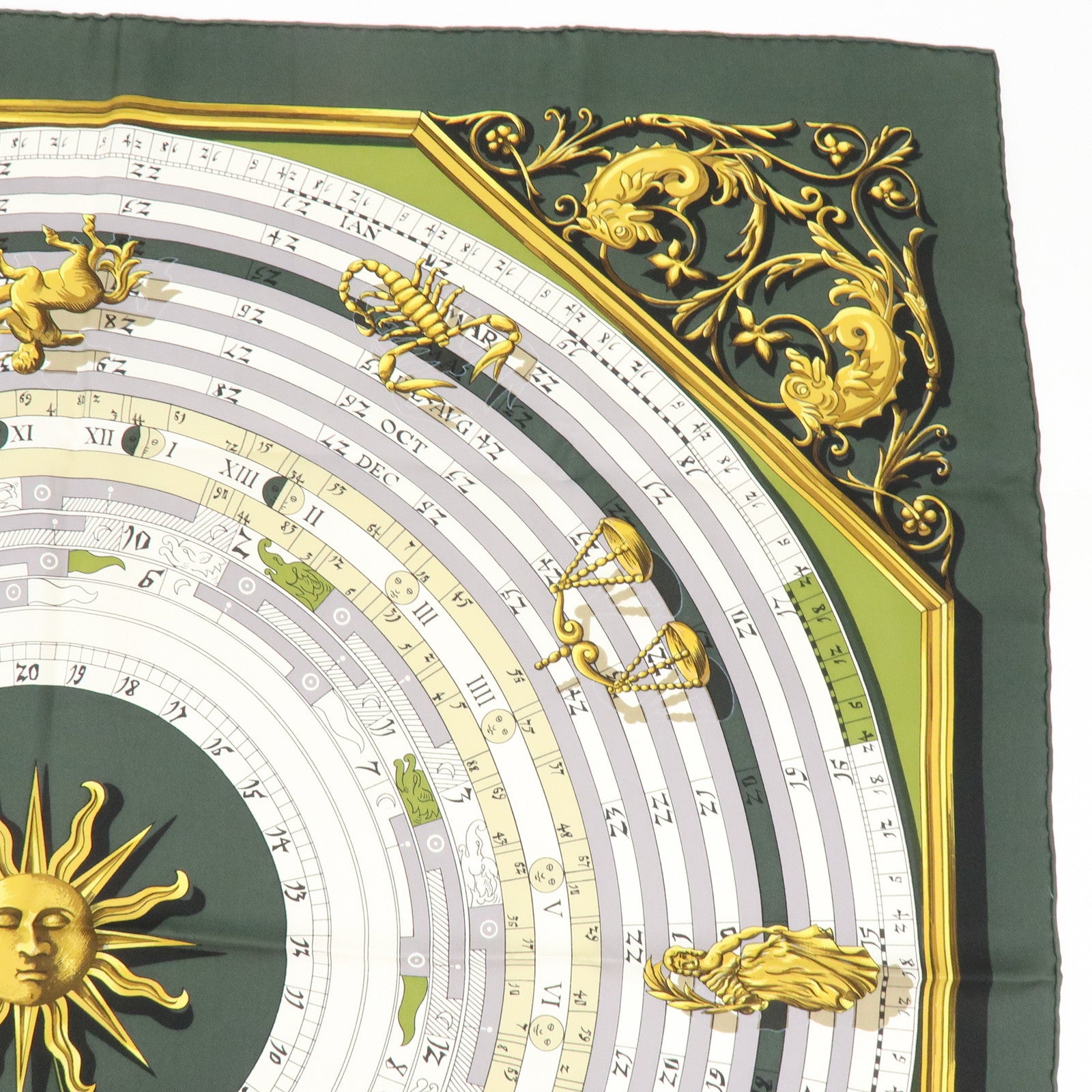 HERMES Carre 90 Silk 100% Scarf DIES ET HORE Green White Gold