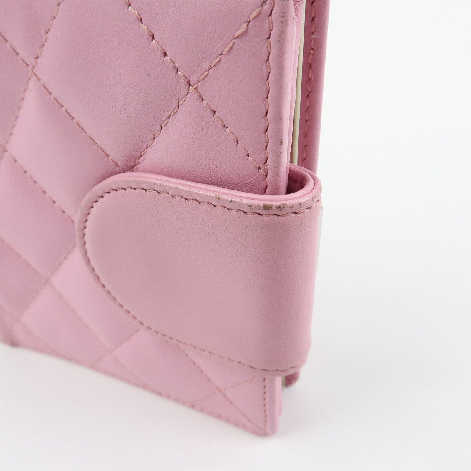 CHANEL Cambon Line Matelasse Lamb Skin Bi-fold Compact Wallet Pink