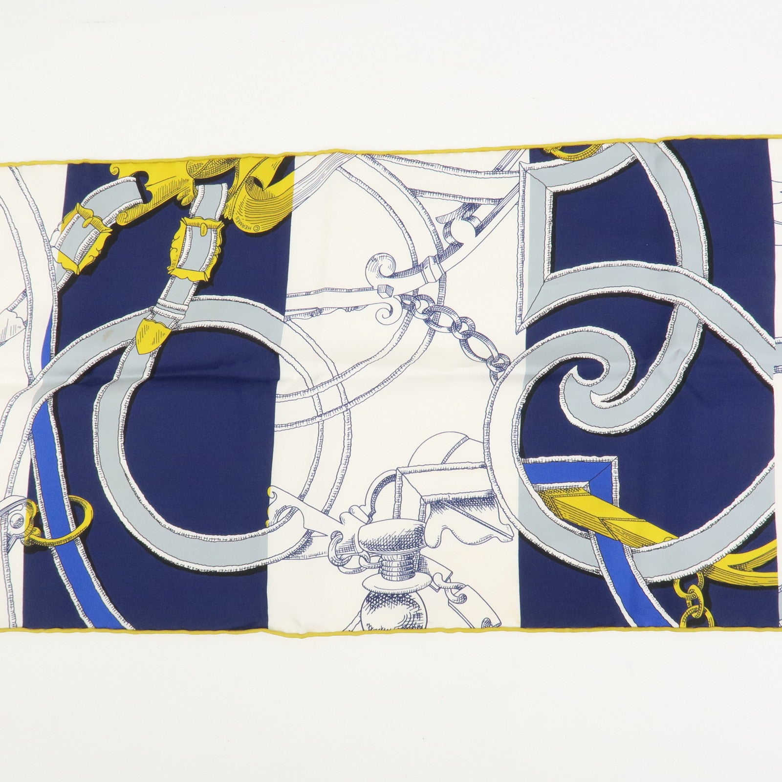 HERMES Maxi Twilly Silk 100% Scarf L'INSTRVCTION DV ROY Blue White
