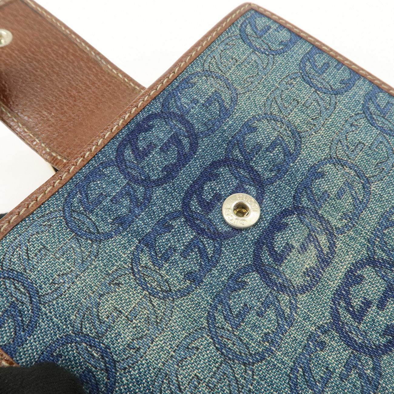 GUCCI Denim Leather Bi-Fold Compact Wallet Blue Brown