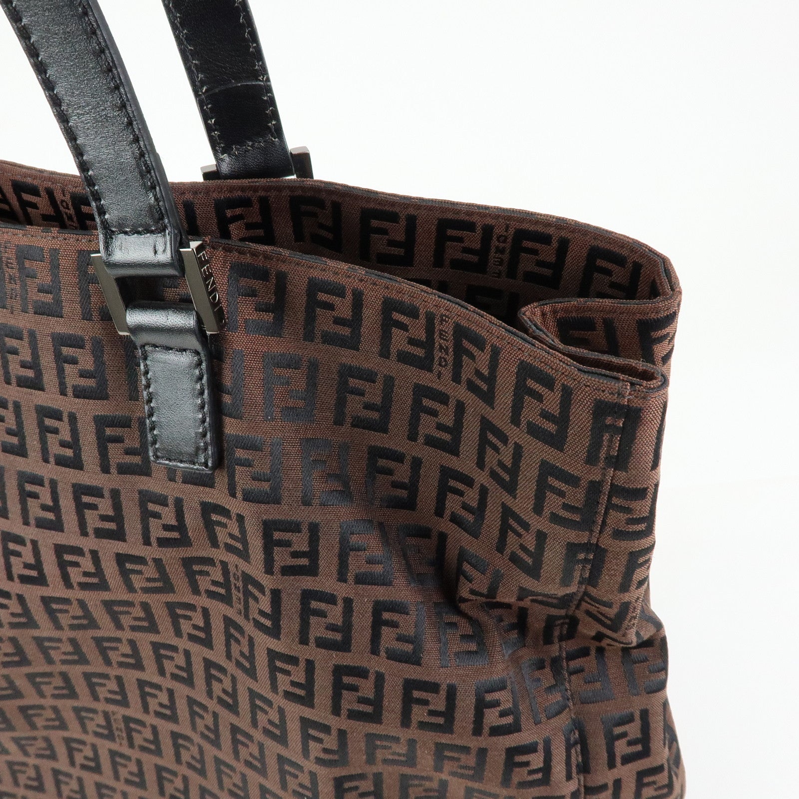 FENDI Zucchino Canvas Leather Tote Bag Hand Bag Brown Black