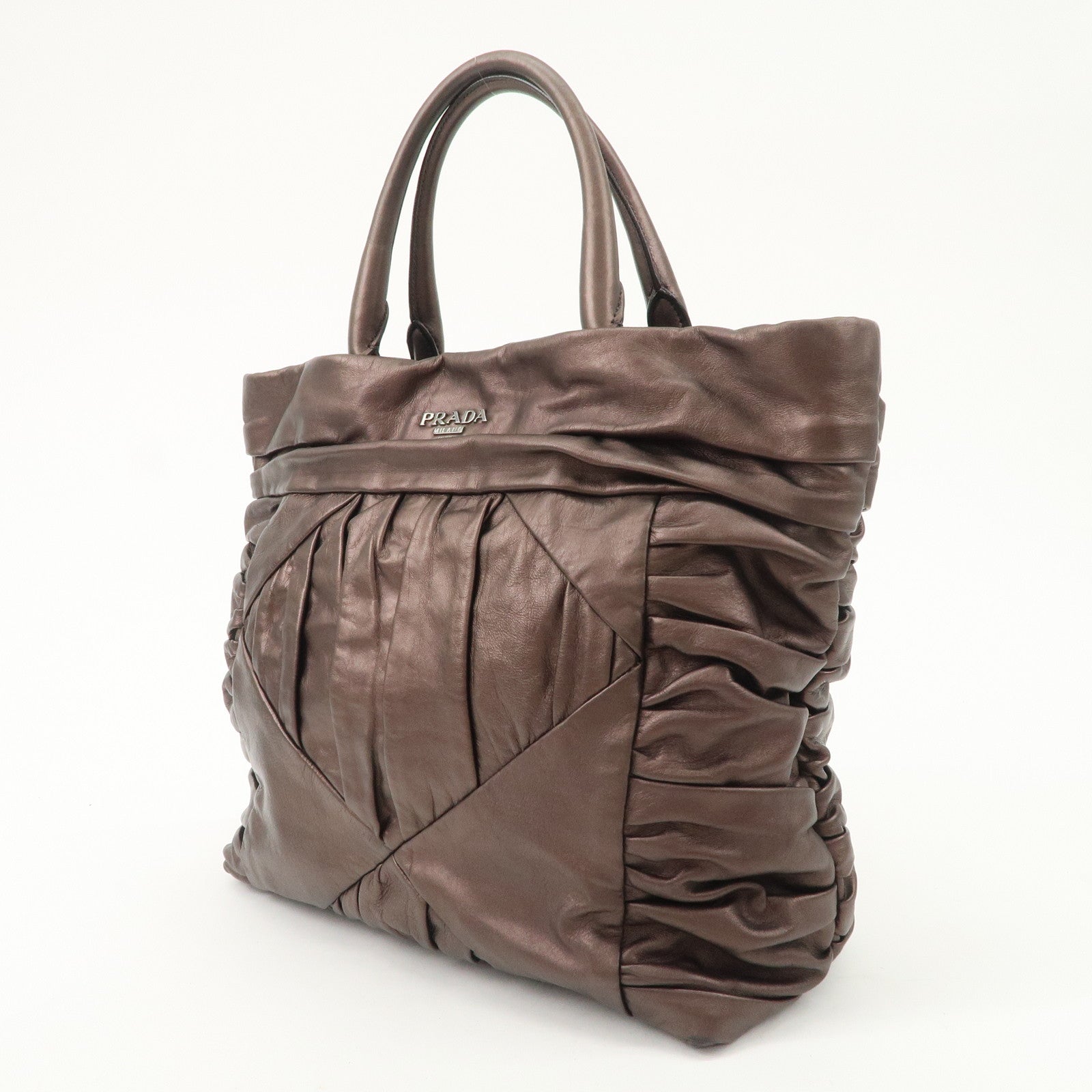 Prada Gathered Leather Tote Bag Hand Bag Bronze Silver HDW BN1719 Used