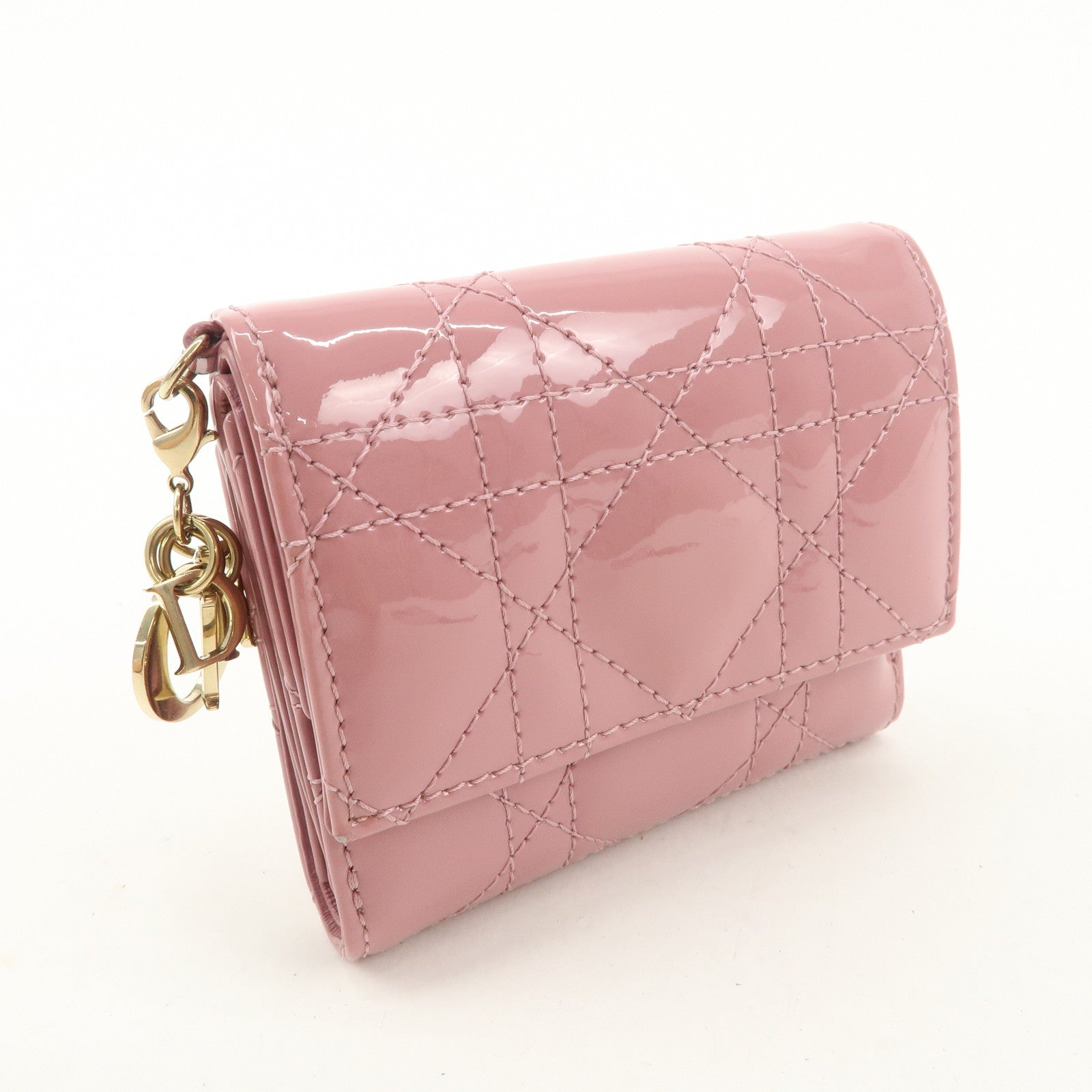 Christian Dior Lady Dior Cannage Patent Leather Tri-fold Wallet Pink Used