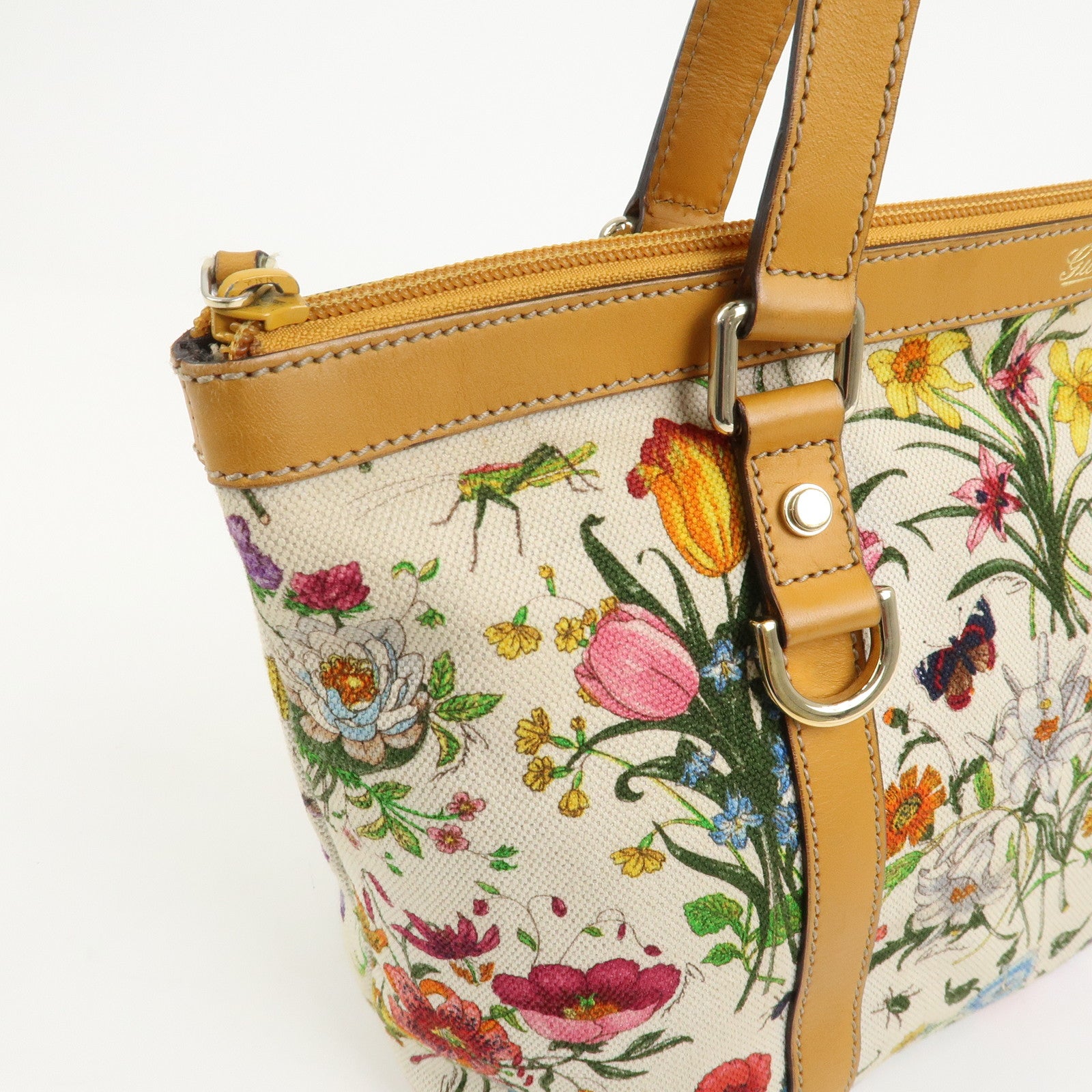 GUCCI Abbey Canvas Leather Tote Bag Shoulder Bag Flora 272399