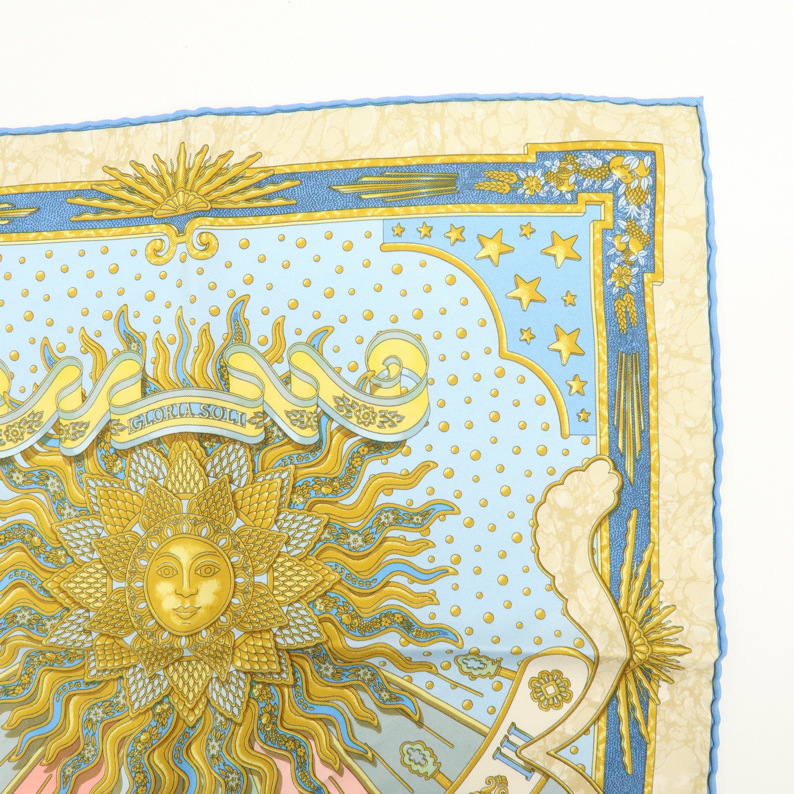HERMES Carre 40 Silk 100% GLORIA SOLI Scarf Light Blue Gold