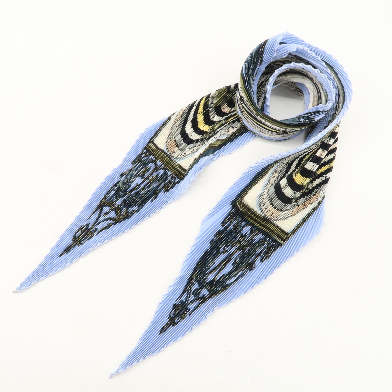 HERMES Pleats Carre Silk 100% Scarf DIES ET HORE Blue Ivory Used
