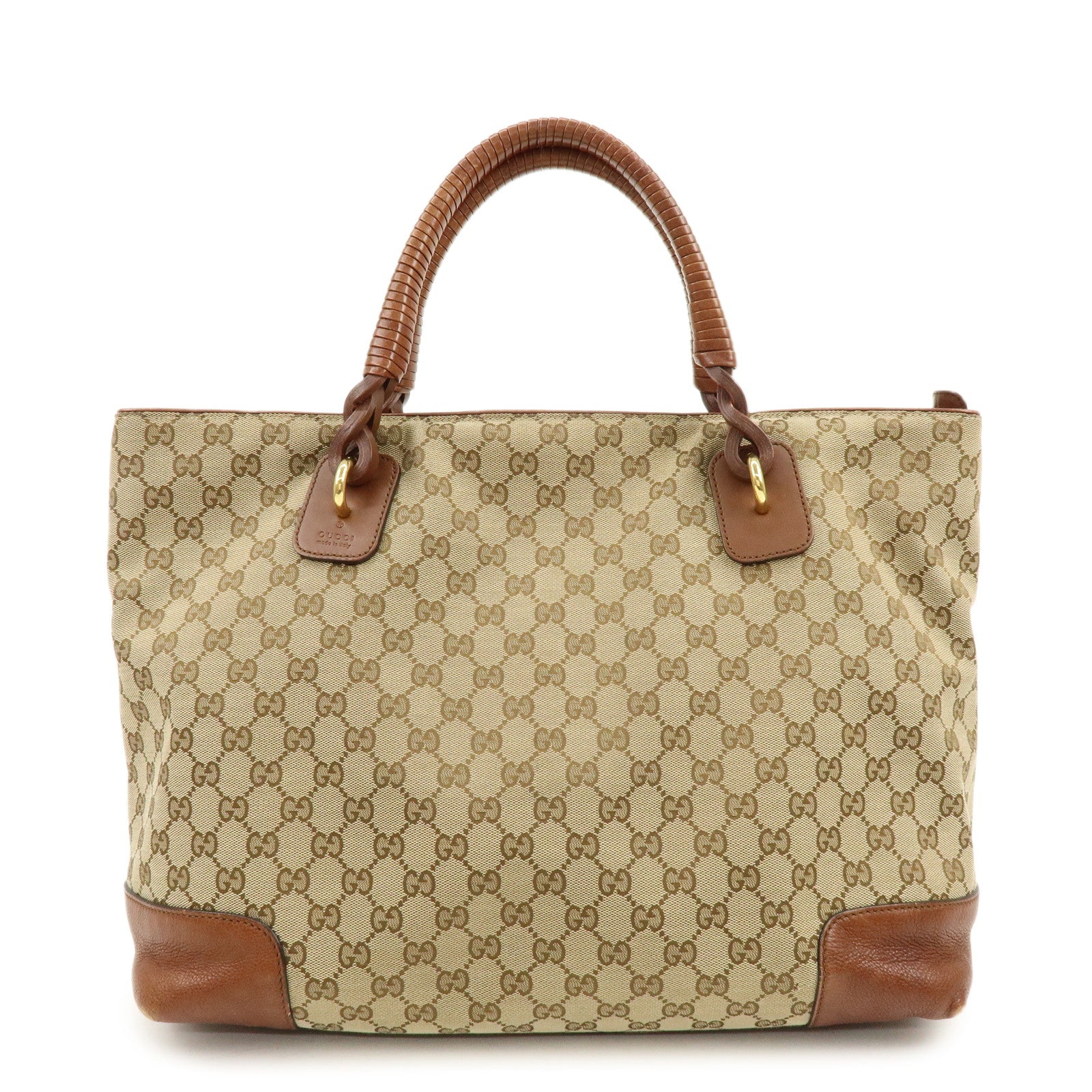 GUCCI GG Canvas Leather Shoulder Bag Tote Bag Beige Brown 323665