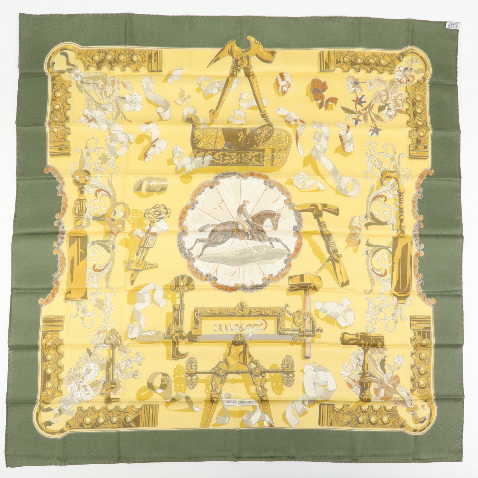 HERMES Carre 90 Silk 100% Scarf Copeaux Gold Yellow Moss Green