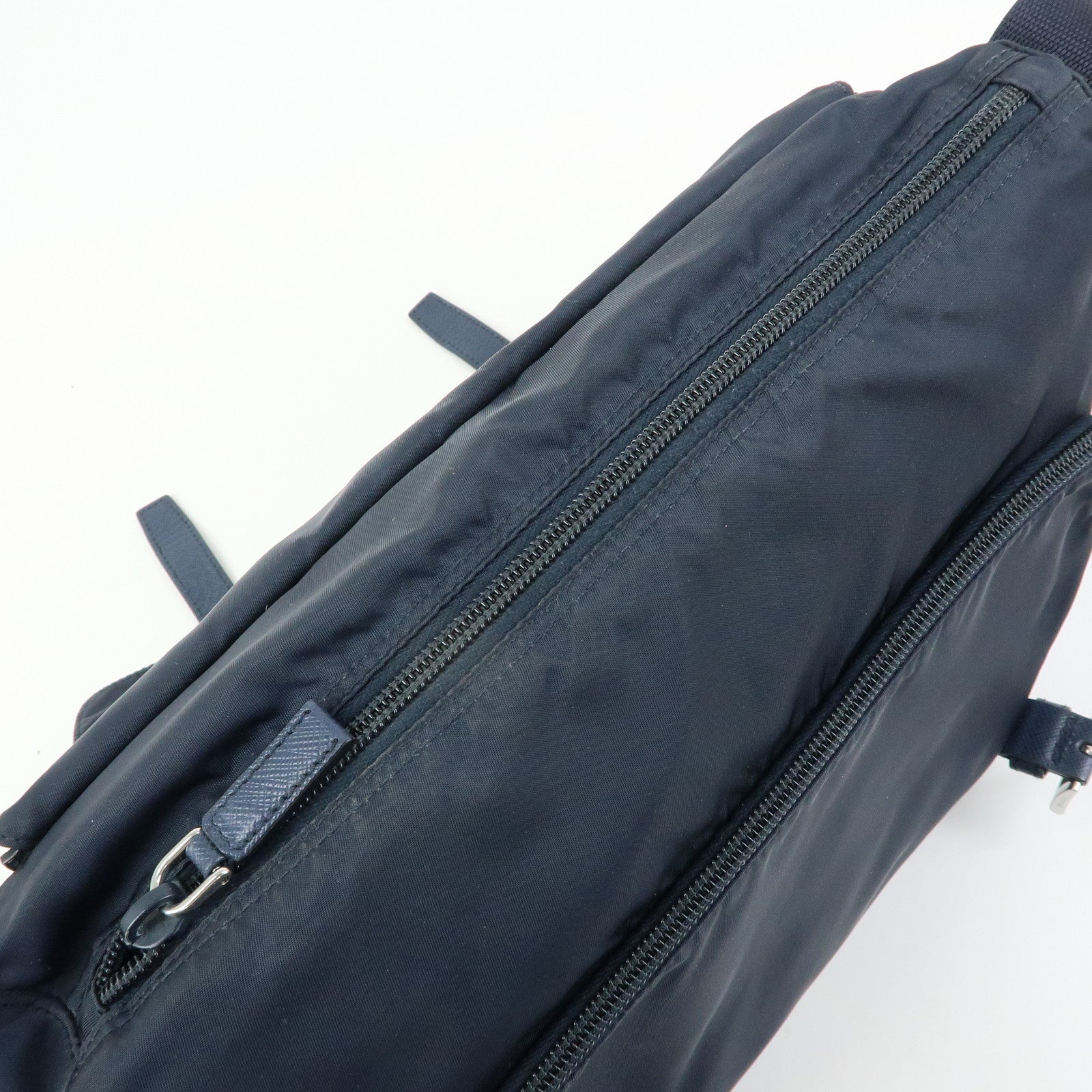 PRADA Triangle Logo Nylon Saffiano Leather Shoulder Bag Navy