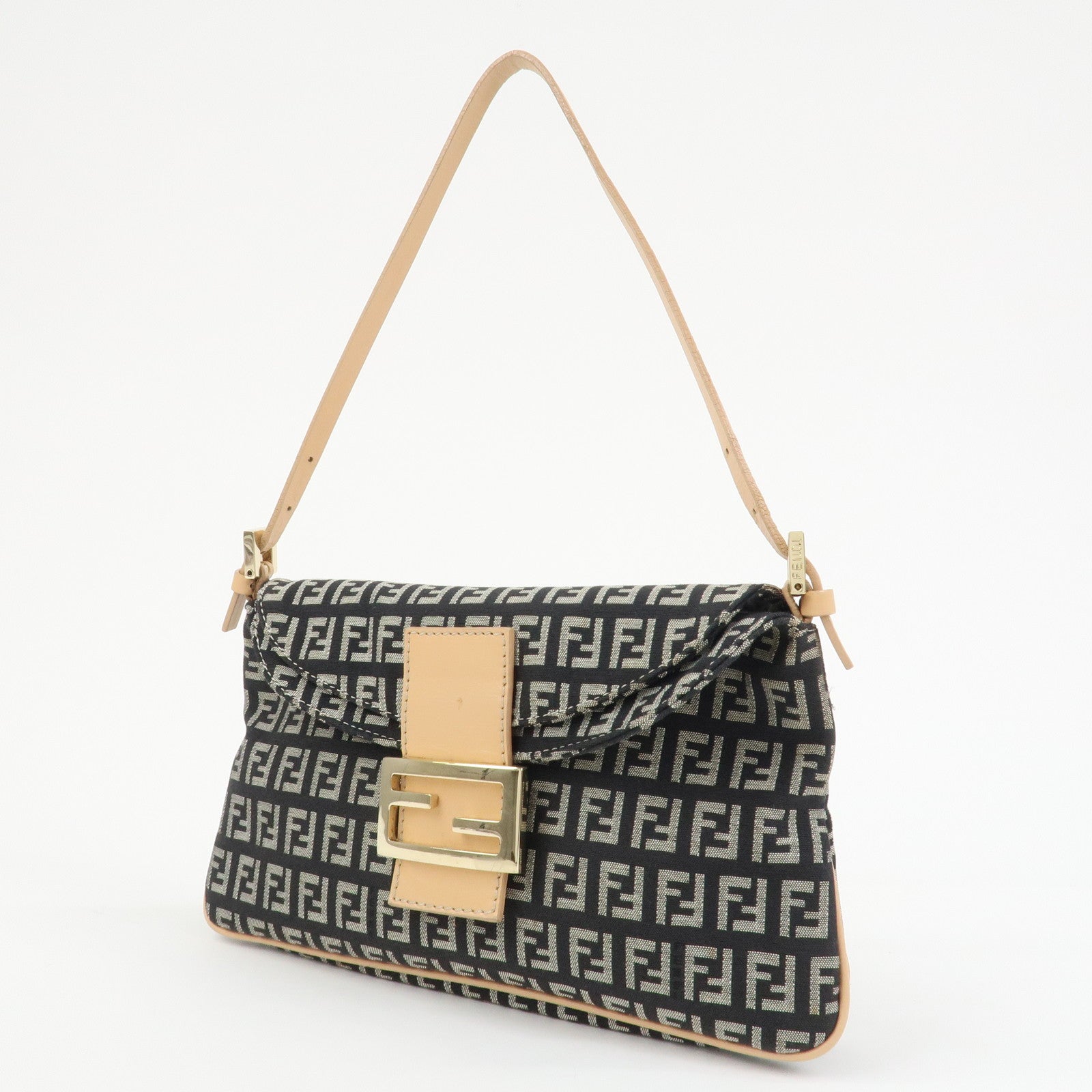 FENDI Zucchino Canvas Leather Shoulder Bag Black Natural 8BR009
