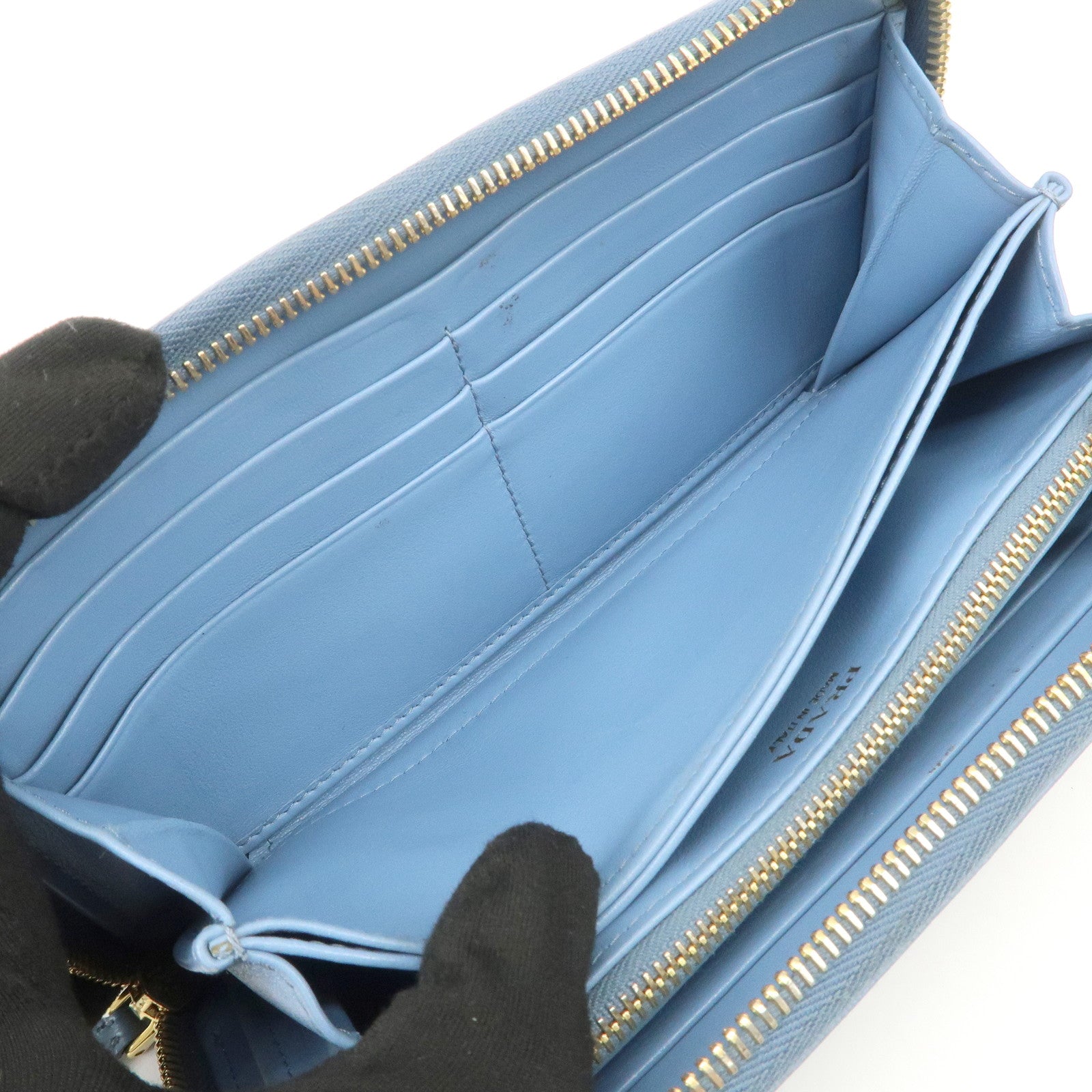 PRADA Logo Vitello Move Leather Zippy Long Wallet Light Blue 1ML506