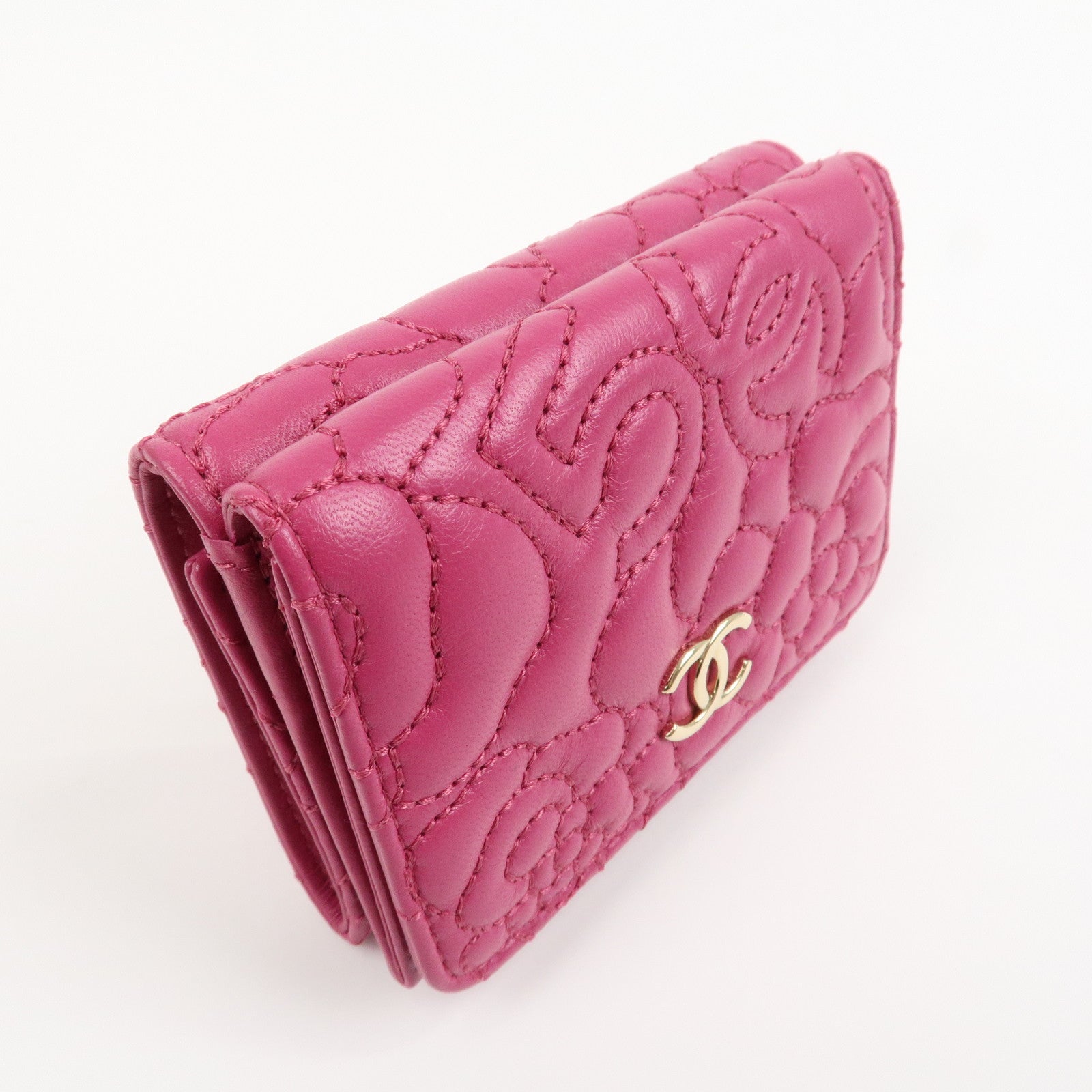 CHANEL COCO Mark Lamb Skin Tri-fold Compact Wallet Pink