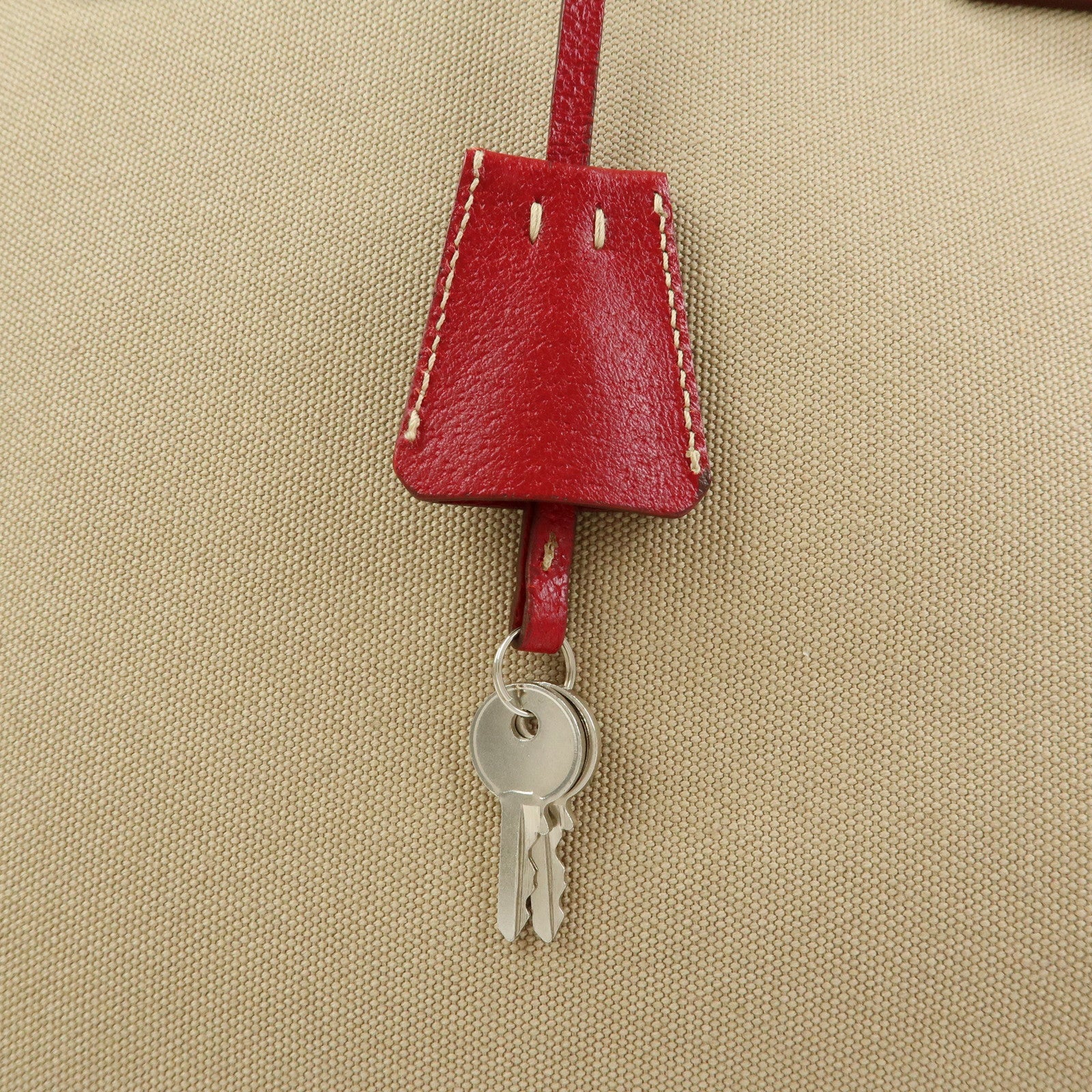 PRADA Triangle Logo Canvas Leather Hand Bag Beige Red