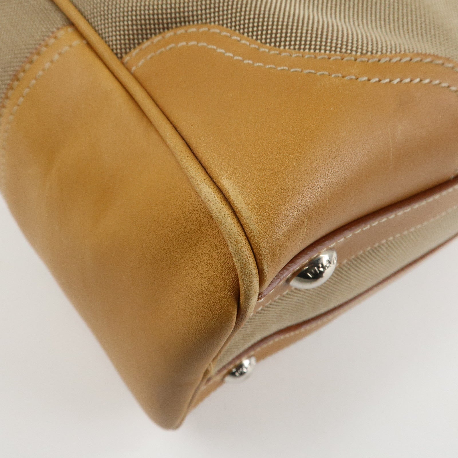 PRADA Logo Jacquard Leather Boston Bag Shoulder Bag Beige Used