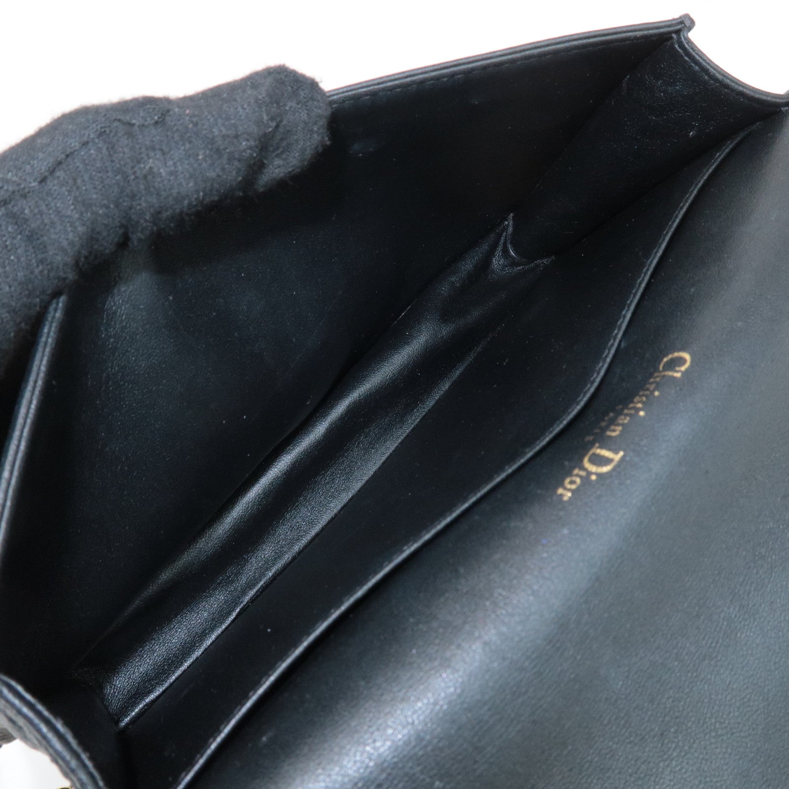 Christian Dior Cannage Leather Chain Shoulder Bag Black Gold Charm