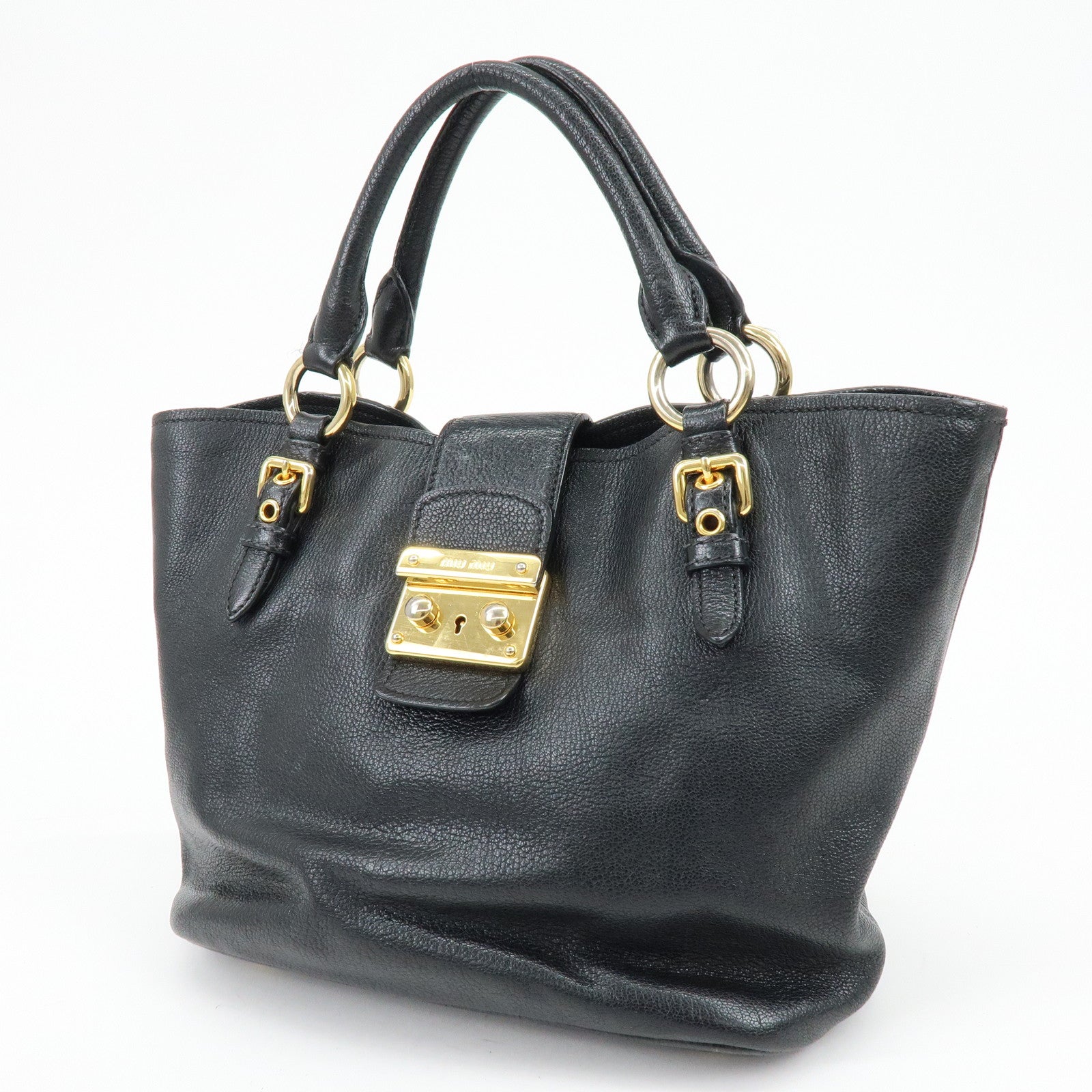 MIU MIU Logo Madras Leather Hand Bag Tote Bag Black