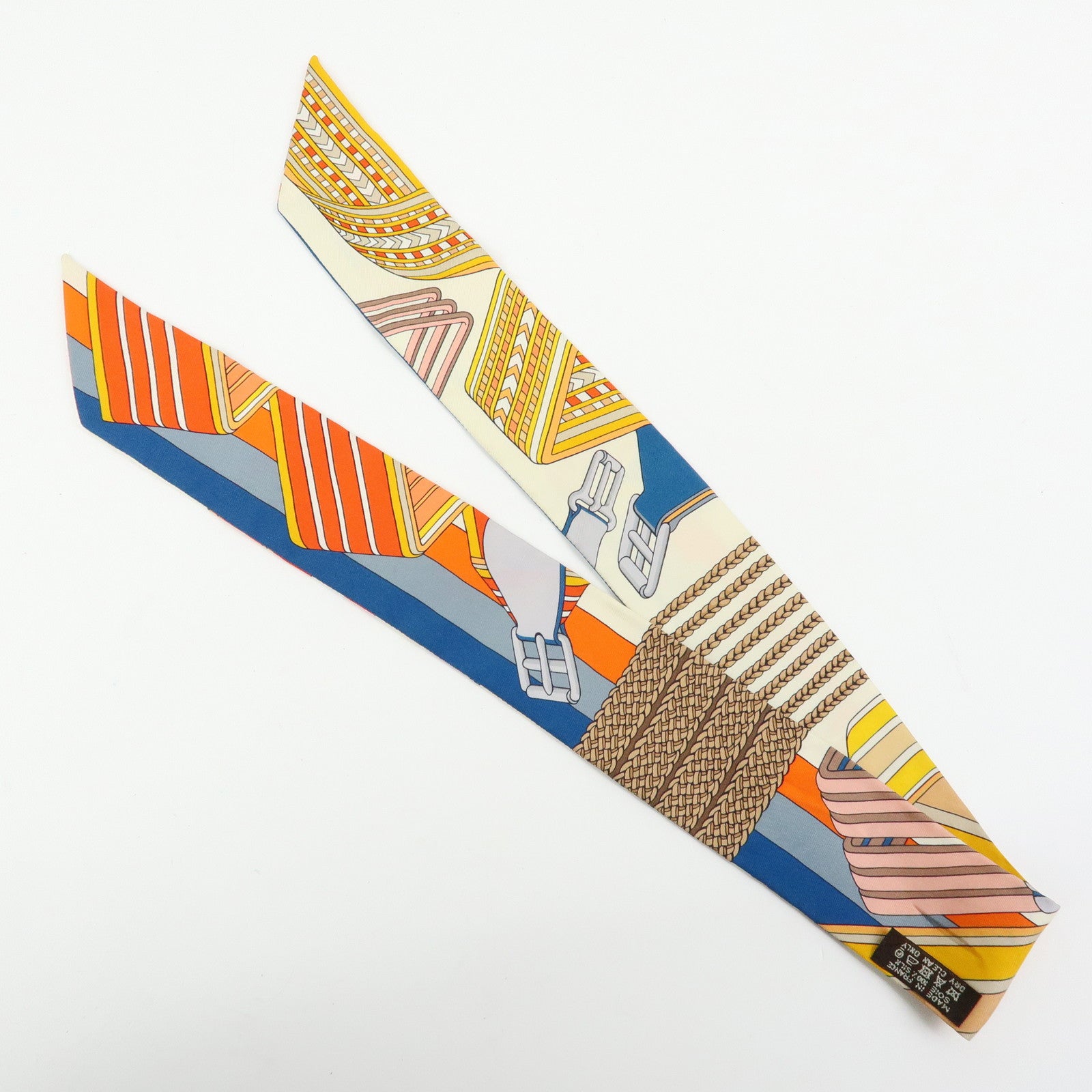 HERMES 100% Silk Twilly Scarf Sangles en Zigzag Orange Blue Ivory