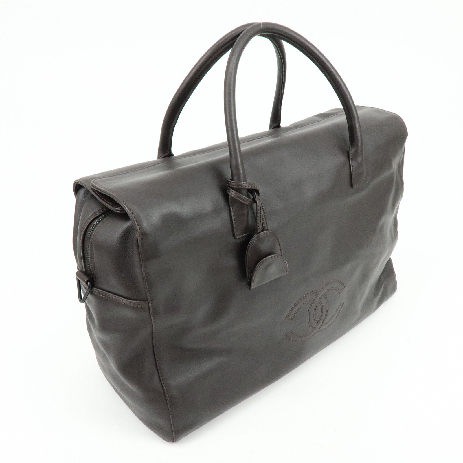 CHANEL COCO Mark Calf Skin Boston Bag Travel Bag Dark Brown