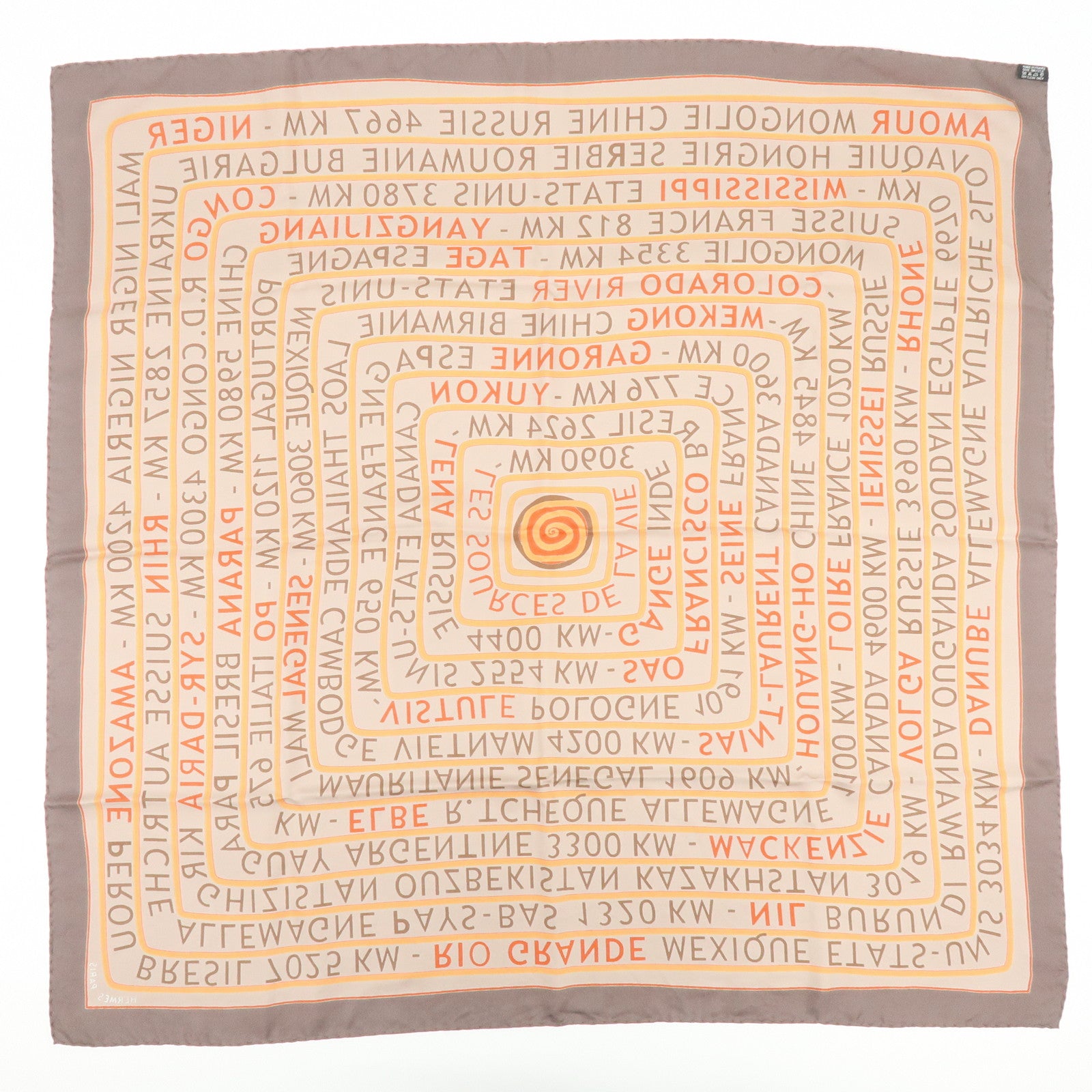 HERMES Carre 90 Silk 100% Scarf LES SOURCES DE LA VIE Brown Orange