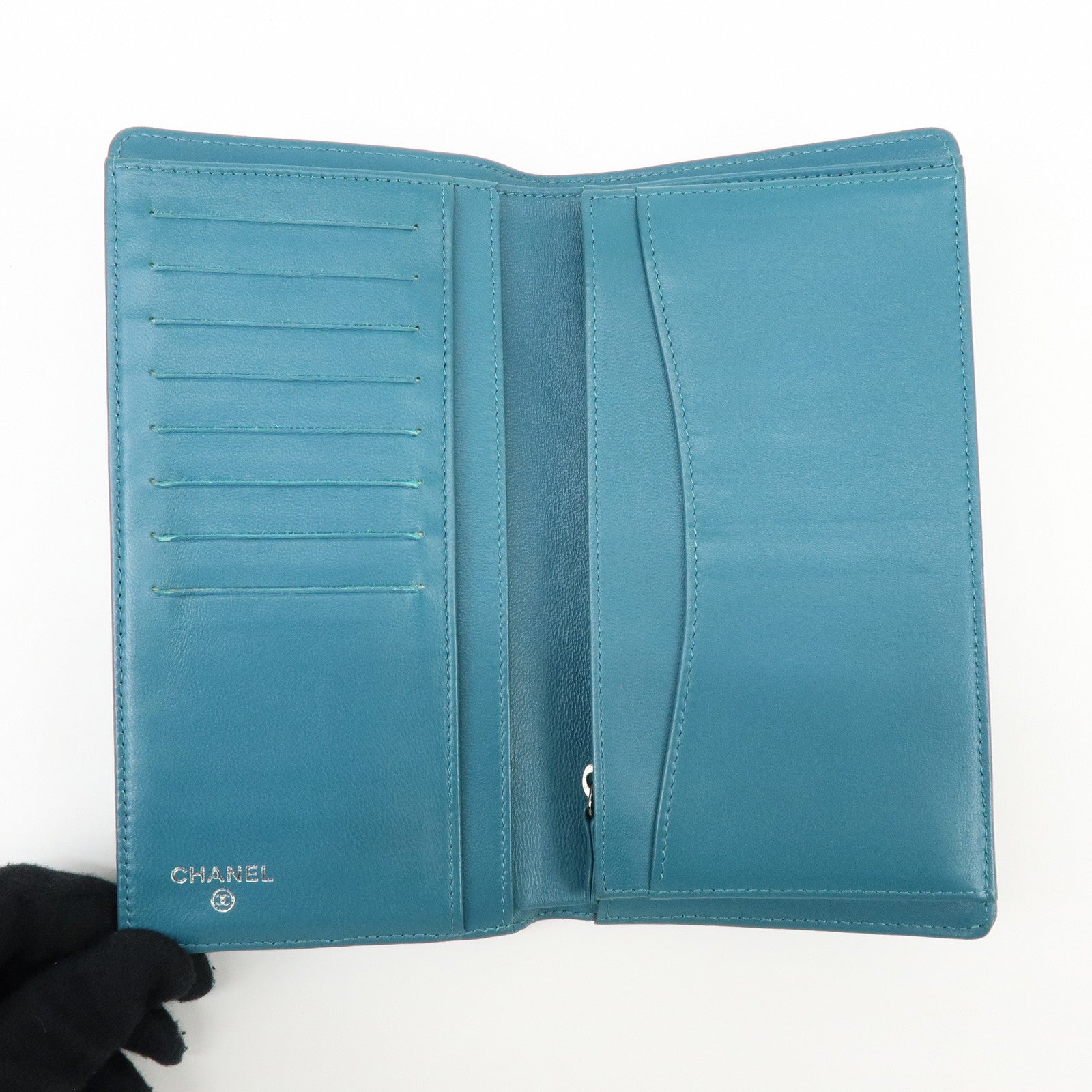 CHANEL COCO Mark Matelasse Lamb Skin Bi-fold Flap Long Wallet Blue