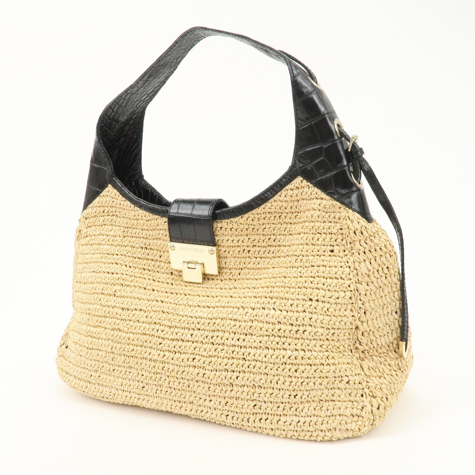 JIMMY CHOO Raffia Embossed Leather One Shoulder Bag Natural Black